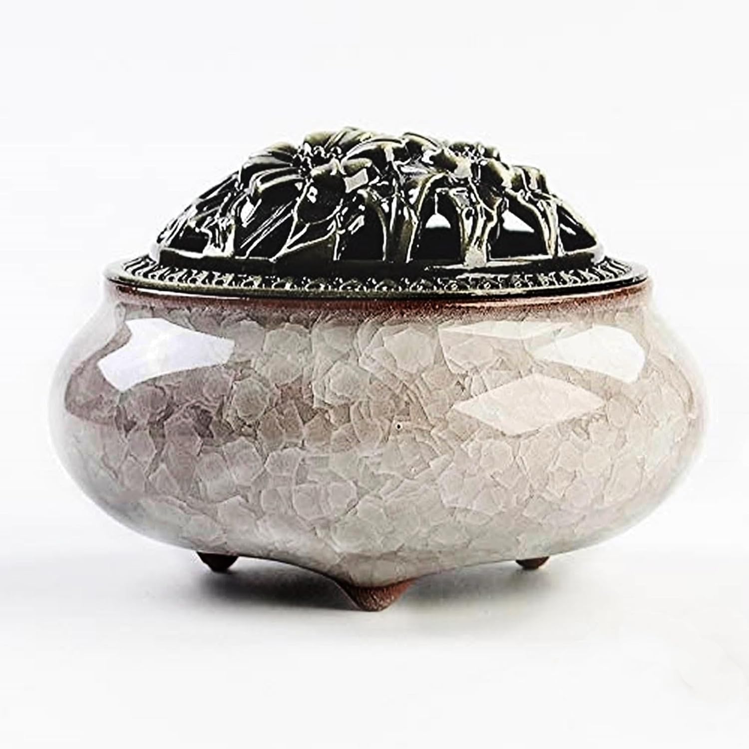 FaceColor Ceramic Incense Burner Set with Zinc Alloy Lid Retro Crackle