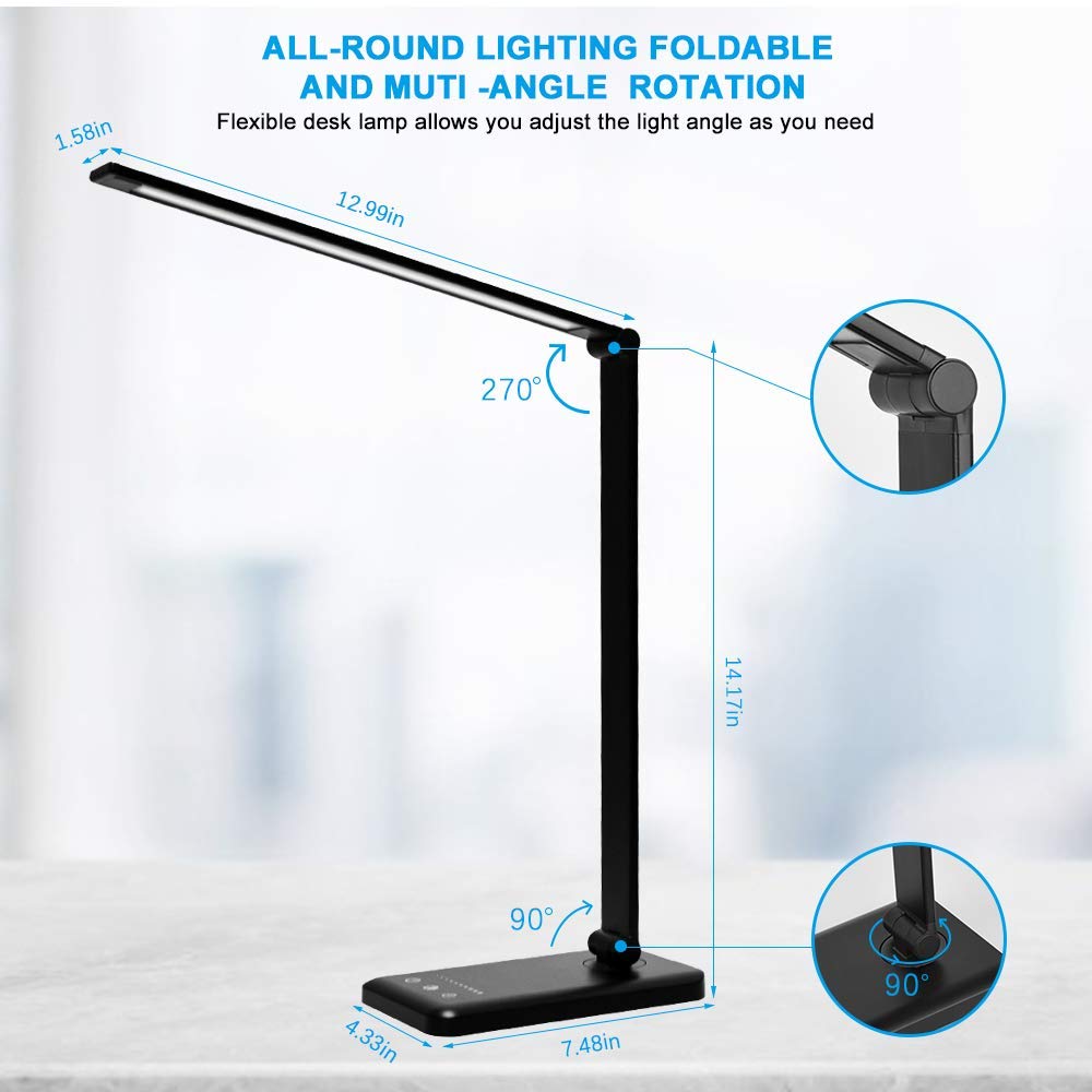 Popuway LED-Schreibtischlampe, augenschonende Tischlampe mit USB-Ladeanschluss, Tischleuchte, dimmbar, Touch 5 Farbmodi, Touch-Bedienfeld, faltbares Licht zum Lesen, Malen, Schlafzimmer (schwarz)