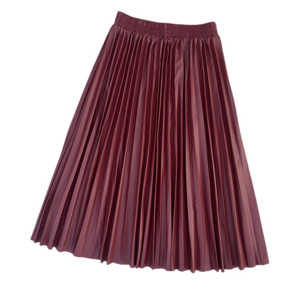 OZEO Gonne,Gonna Midi da Donna Gonna in Pelle Pu A Pieghe Tinta Unita Vita Alta Elastica Gonna A-Line Bordeaux Semplice Elegante Gonne Lunghe per Ragazze Donna Autunno Inverno,L
