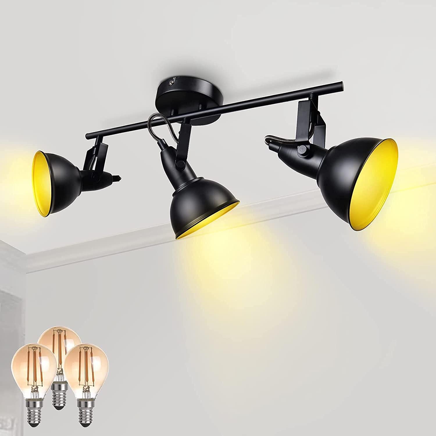 Unikcst Spotlights Ceiling Lights Rotatable 3 Way Retro Kitchen Spot Light Fittings Black Spotbars 240V for Living Room, Incl. 3X 4W E14 LED Bulbs 2700K — image 1