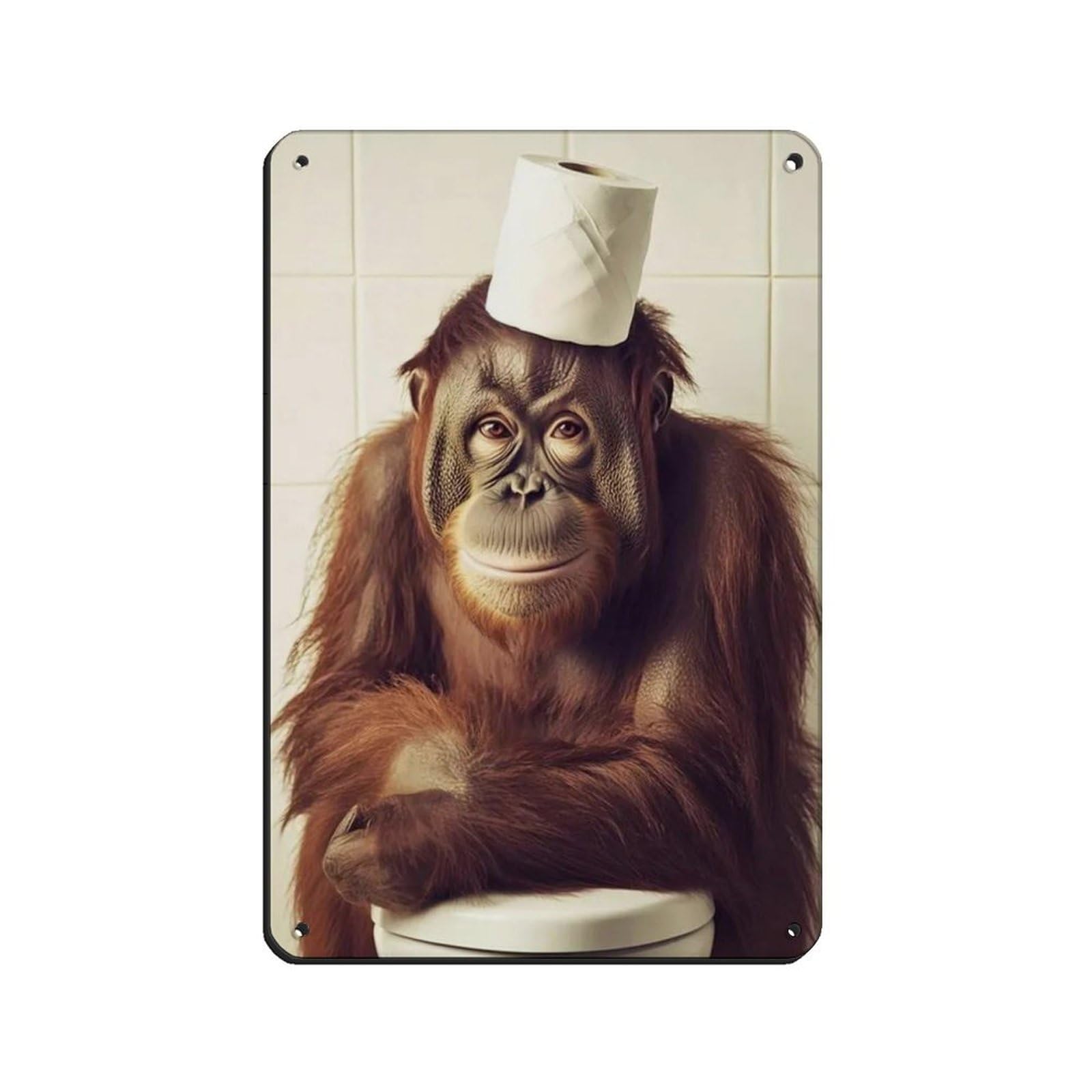 Orangutan Ape with A Toilet Paper Roll on Head Retro Poster Metal Tin Sign Chic Art Retro Iron Painting Bar People Cave Cafe Family Garage Poster Wall Decoration 8x12inch(20x30cm)