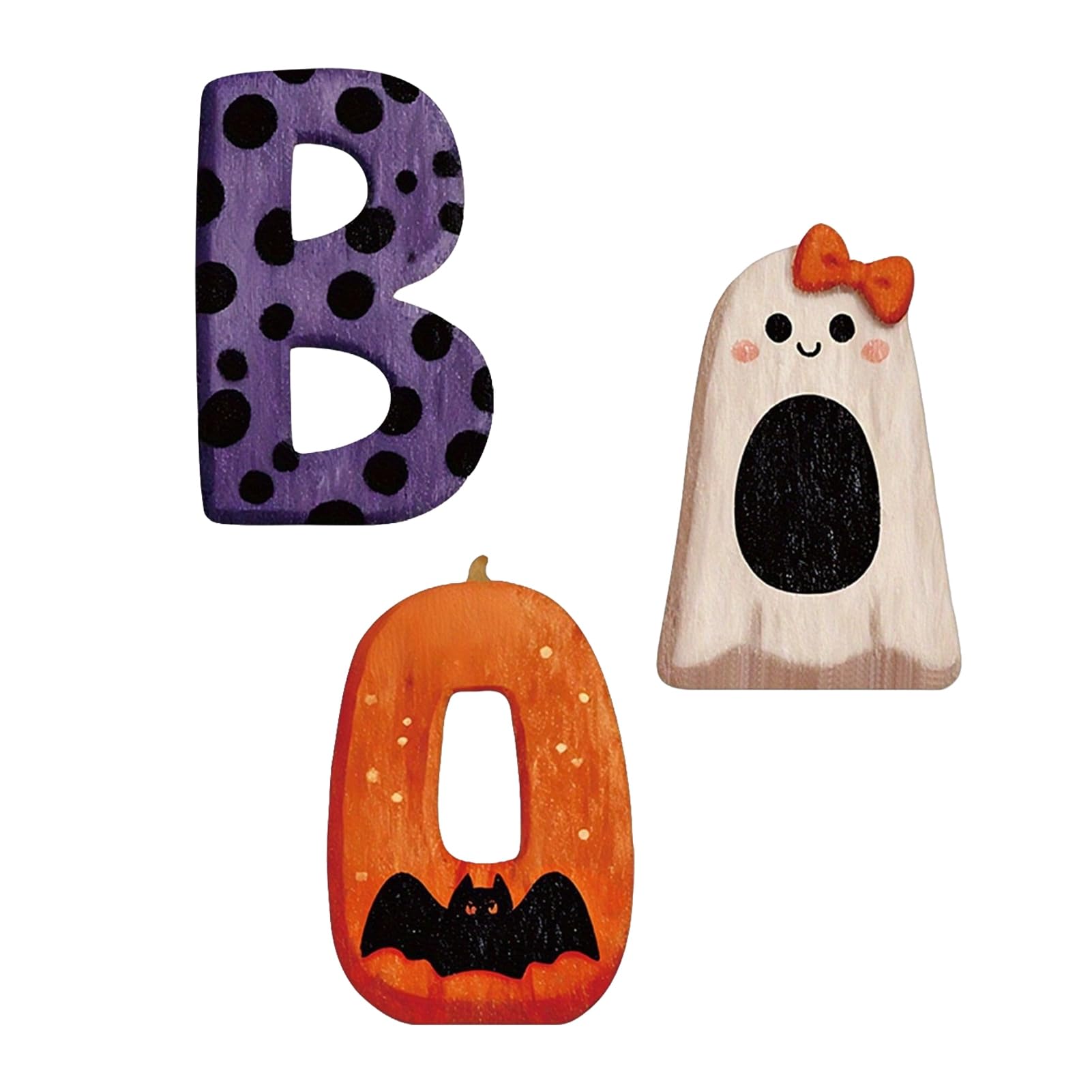 Glifora 3Pcs/Set Wooden Halloween Statues - Letter, Bat, Pumpkin and Ghost with Bowknot Design, Halloween Desktop Ornaments, Holiday Party Decor and Scene Layout Supplies