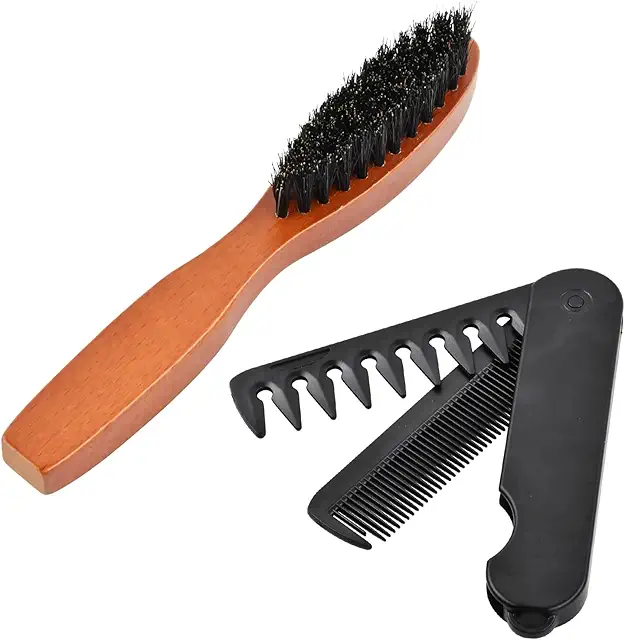 Ensemble Brosse à Barbe Poils de Sanglier et Peigne Pliable - 2 Pièces