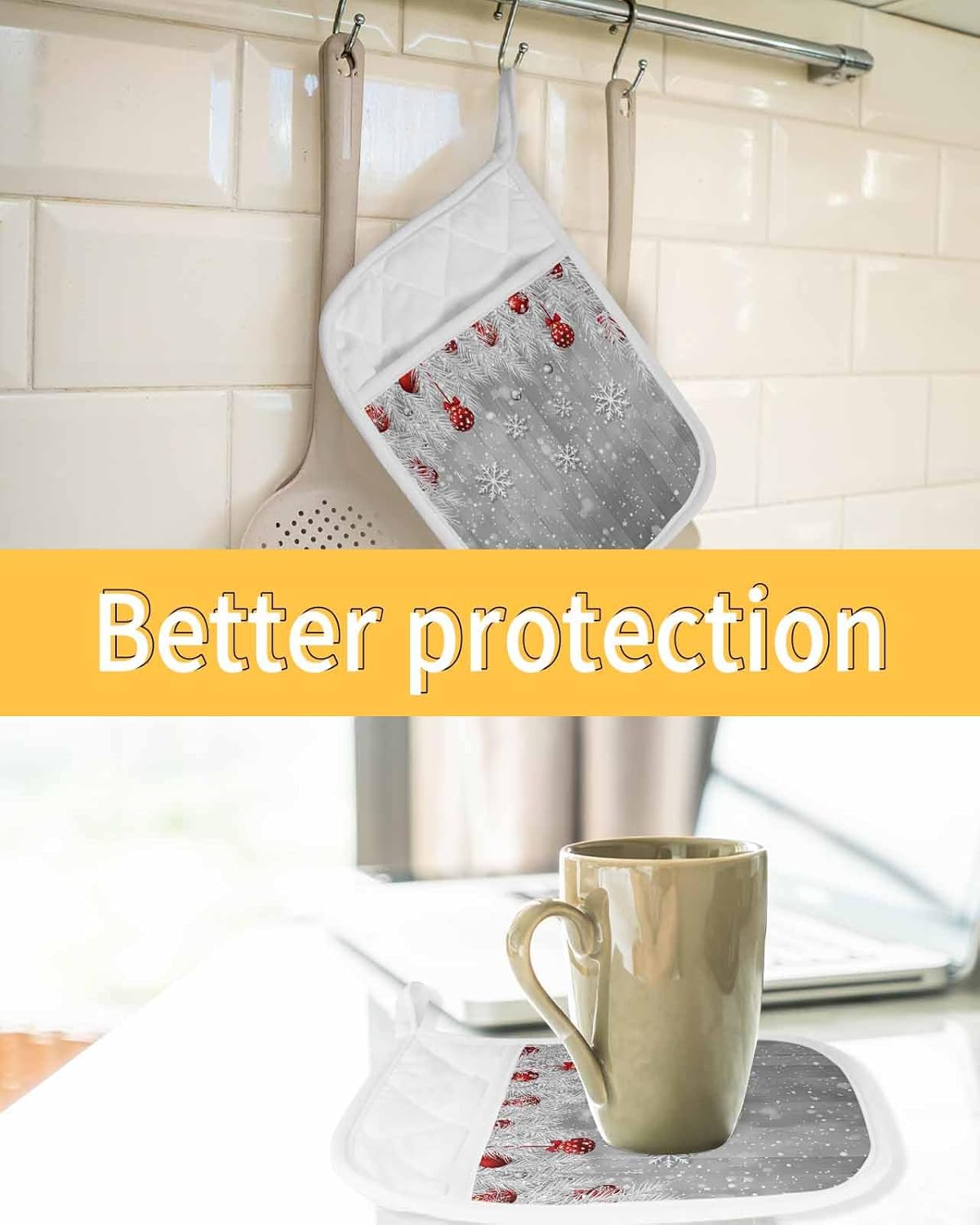 4PCS Pot Holders with Pocket for Kitchen, Christmas Snowflake Pot Holder Set Heat Insulation Potholders, Xmas Balls Farmhouse Wooden Grain Grey Oven Mitts Hot Pads for Baking Cooking Barbecue