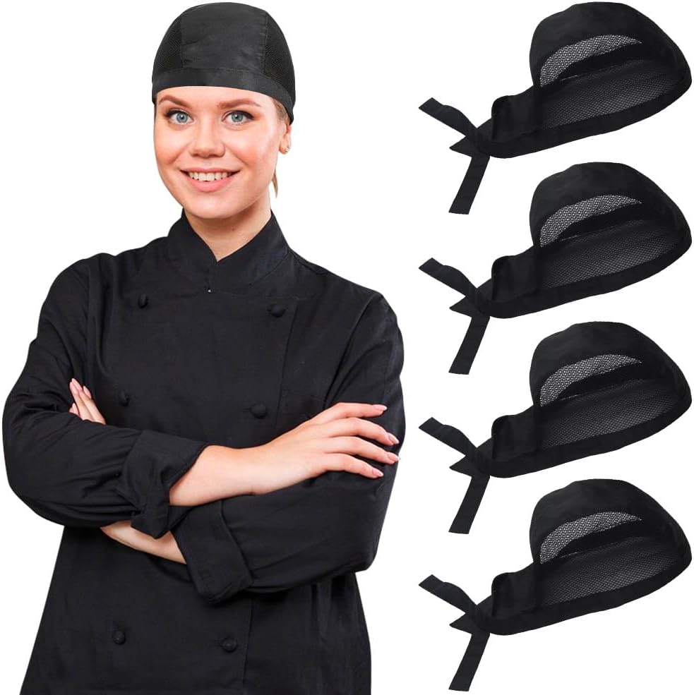4 Pack Adjustable Tie Back Chef Cap - Breathable Cooking Kitchen Hat for Women & Men