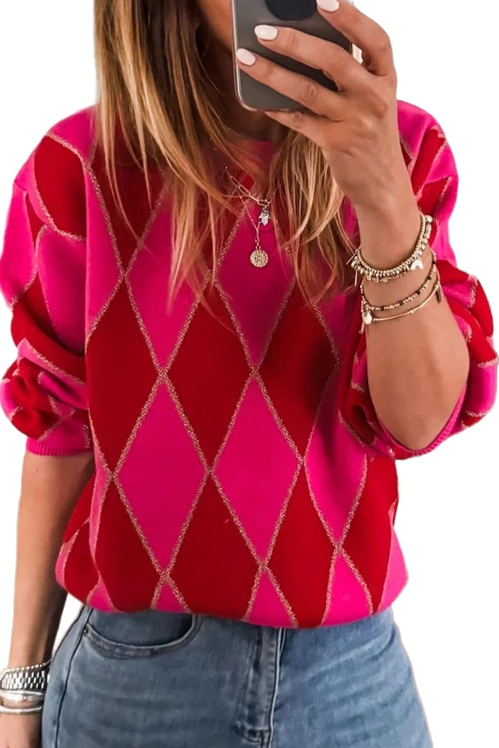 Apvirdy Womens Glitter Rhombus Pattern Knitted Sweater Long Sleeve Crewneck Sweater Casual Loose Pullover Sweaters