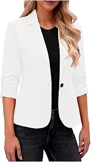 Womens Trendy Ruched 3/4 Sleeve Blazers Casual Business Blazer Button Open Front Work Office Suit Jacket with Pocket