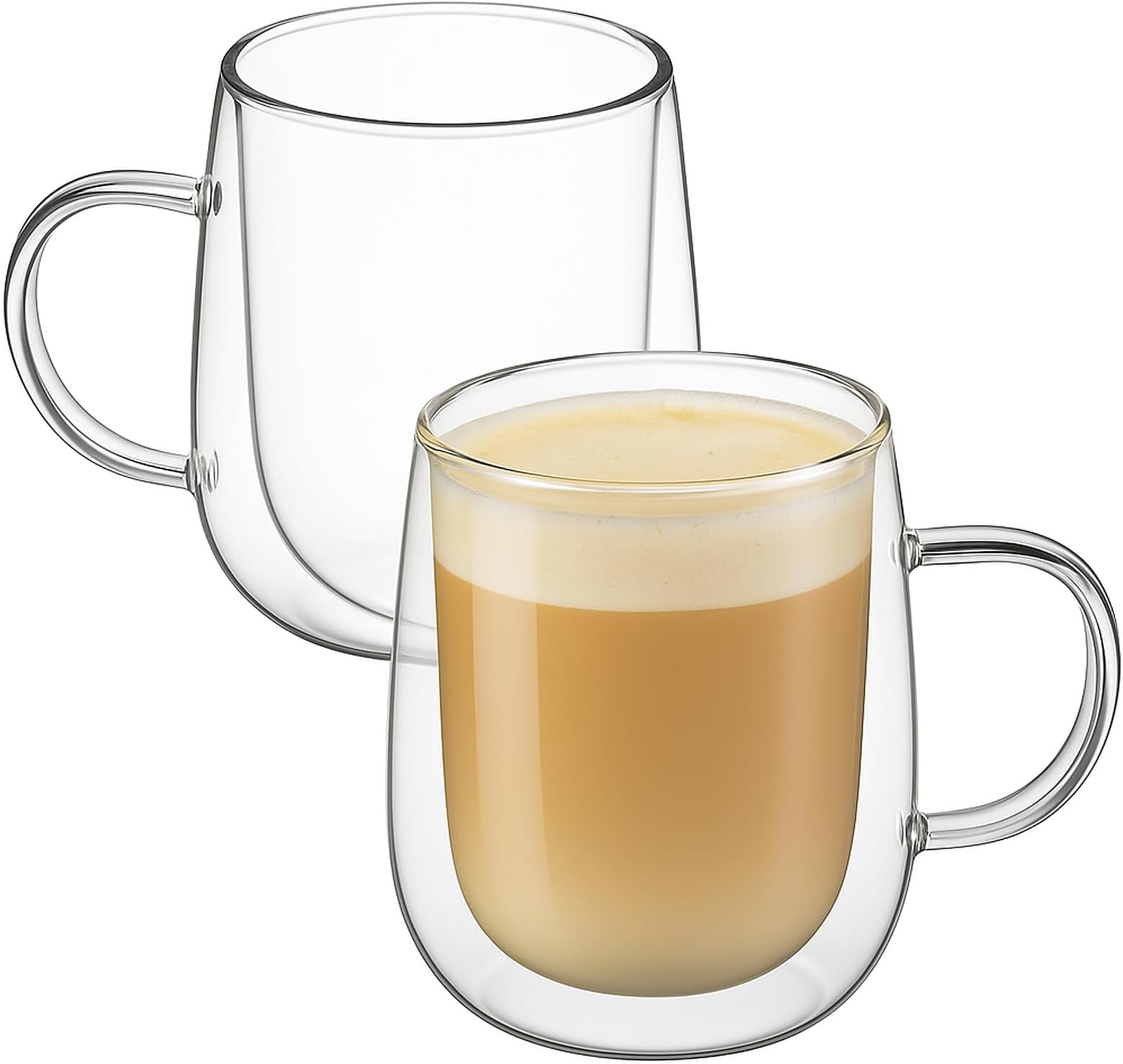 Glass Coffee Cups Set of 2, 13oz Double Walled Glass Mugs with Handles, Clear Insulated Coffee Mug Espresso Cups, Cappuccino Latte Tea Cups Set, Heat Resistant Borosilicate Clear Glasses