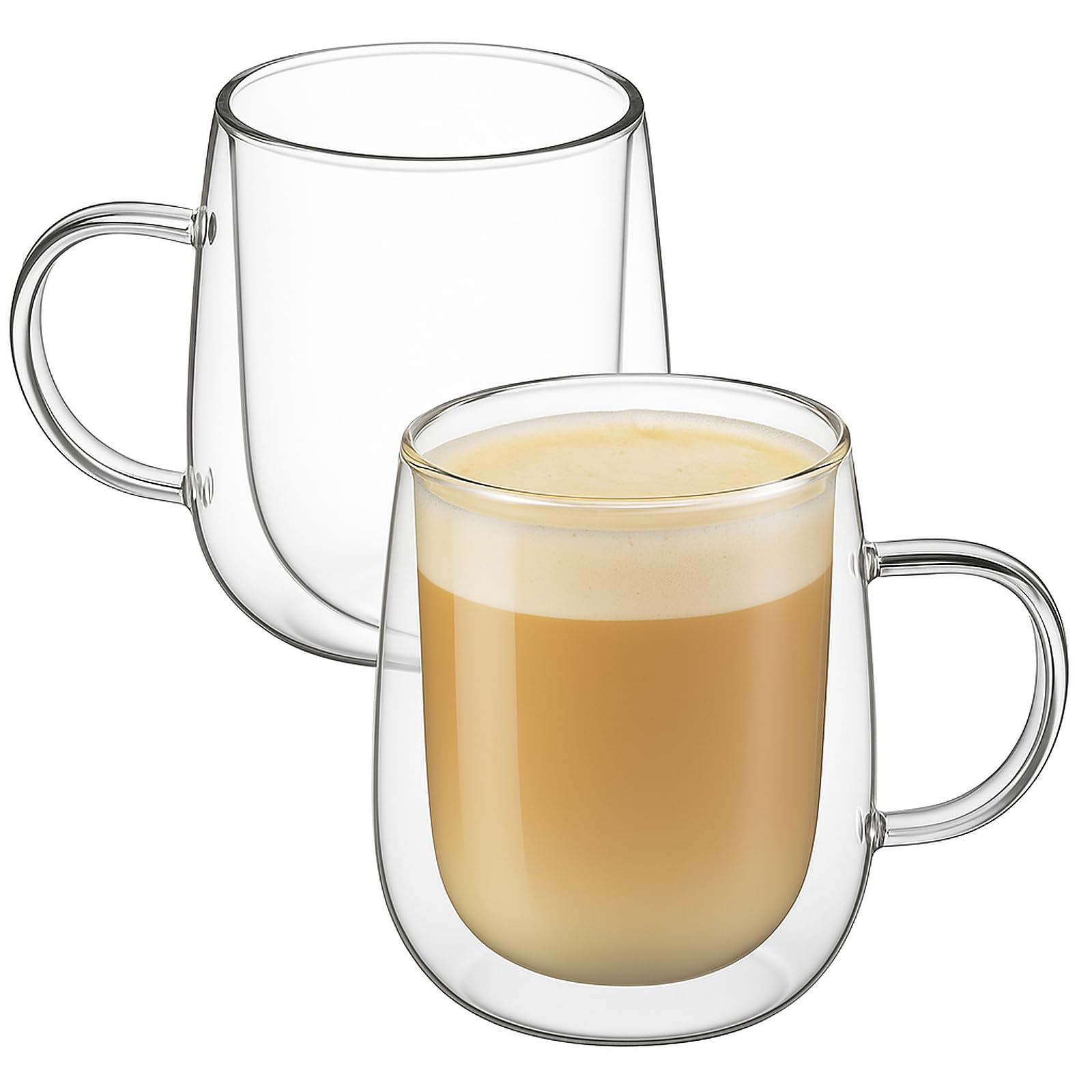 Glass Coffee Cups Set of 2, 13oz Double Walled Glass Mugs with Handles, Clear Insulated Coffee Mug Espresso Cups, Cappuccino Latte Tea Cups Set, Heat Resistant Borosilicate Clear Glasses