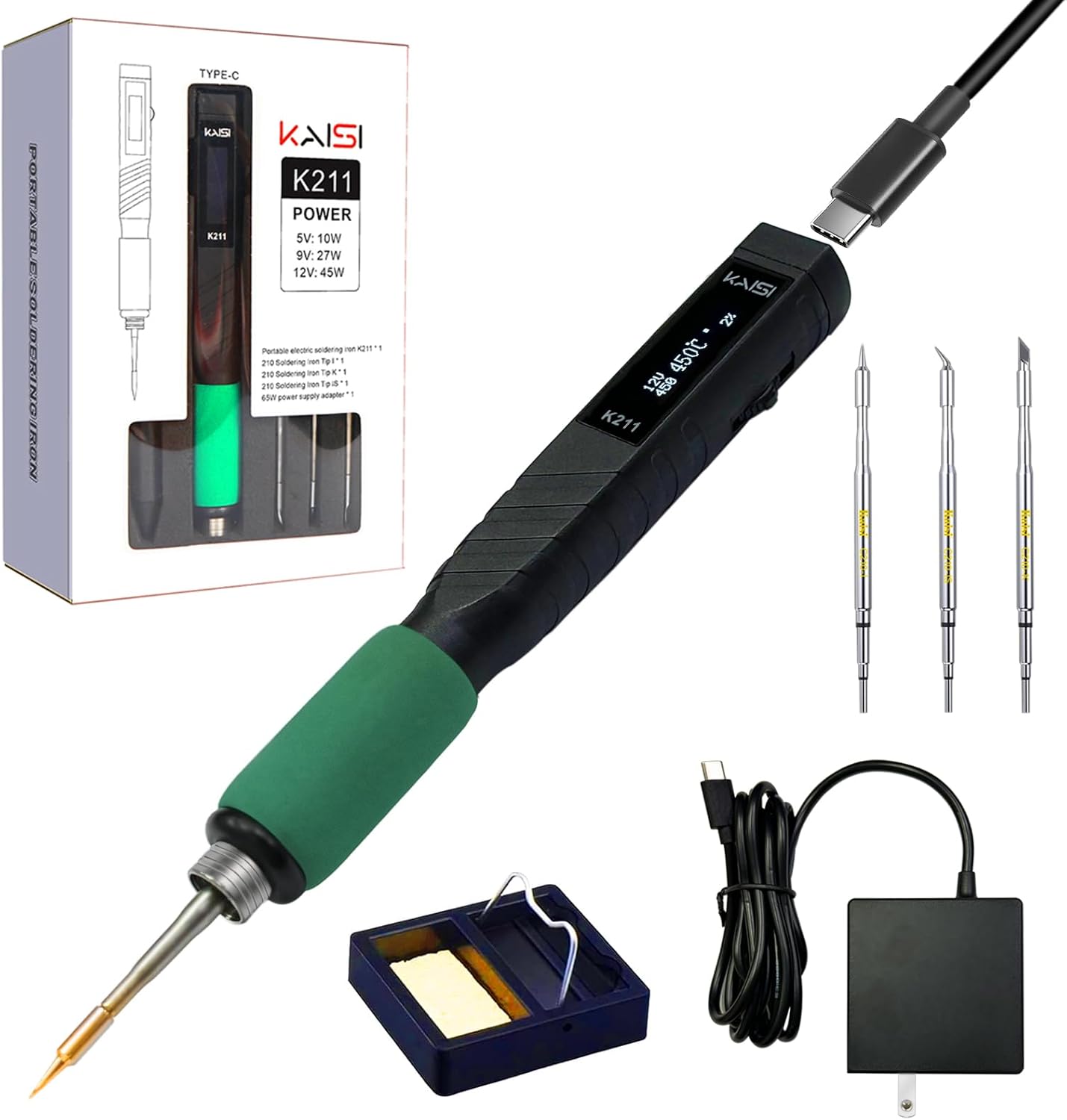 Kaisi K211 65W USB-C Soldering Iron kit with Fast Heating, Portable & Lightweight Design Pencil Solder iron with Temperature Calibration and Auto-Sleep,3 Soldering Tips