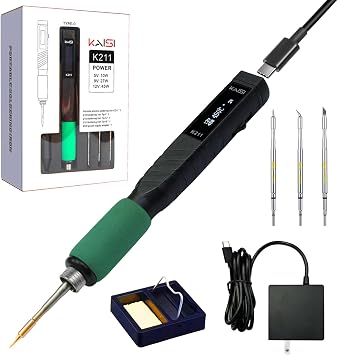 Kaisi K211 65W USB-C Soldering Iron kit, 3 Soldering Tips | Fast Heating, Portable & Lightweight Design Pencil Solder iron with Temperature Calibration and Auto-Sleep
