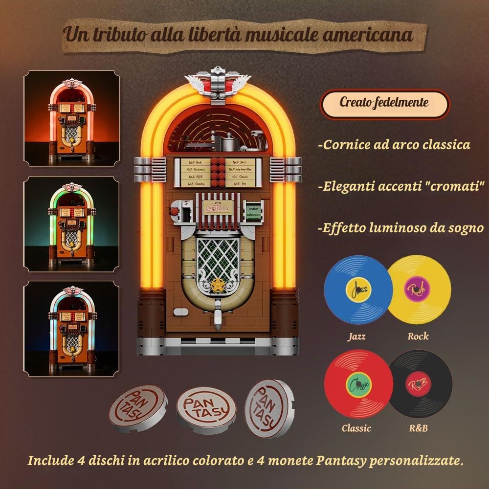 PANTASY Kit retrò jukebox con moneta e suono, modello musicale meccanico con dischi in acrilico, studio di registrazione e minifigure, kit da collezione come regalo per adulti e adolescenti