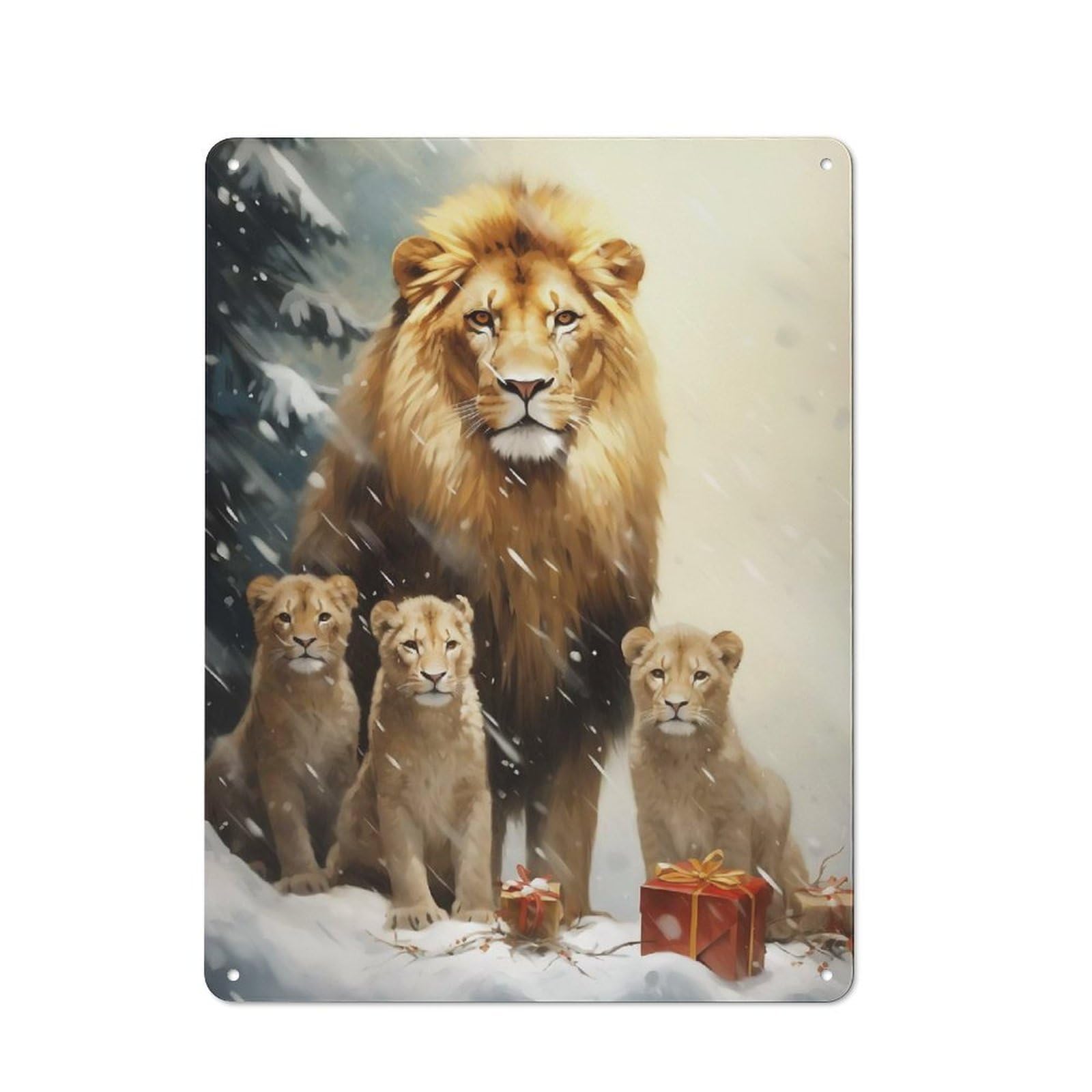 Tin Wall Plaque 40x30cm with Cute Lion Family Xmas for Man Cave Or Games Room, for Garage, Workshop And Man Cave Decoration