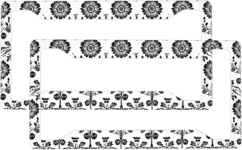 2 Pcs Car License Plate Frames for Women Men - Vintage Flower Black White Print Aluminum Solid License Plate Cover for Car Accessories for Women Men