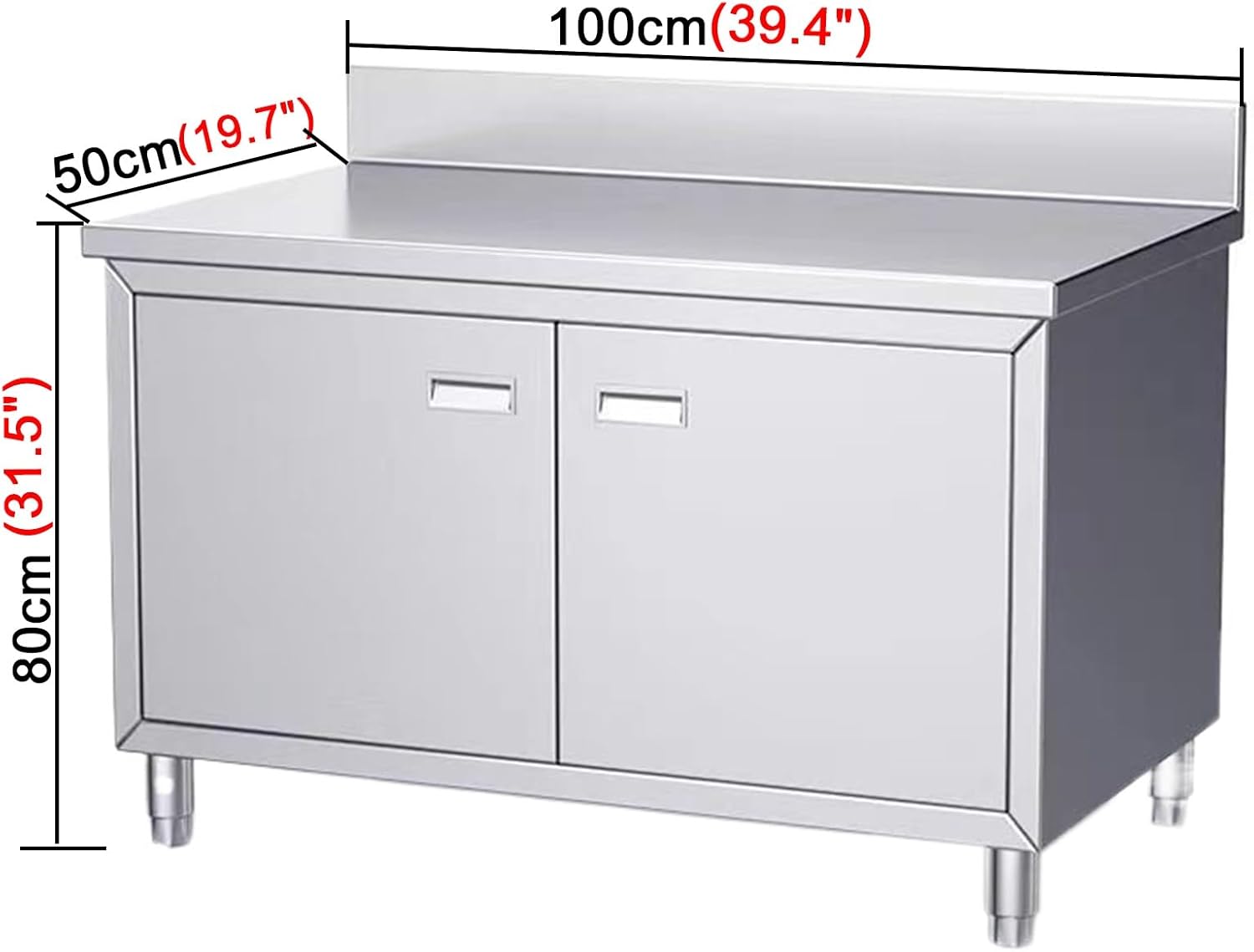 Double-Door Stainless Steel Table Kitchen Work with Back Panel Adjustable Feet Brushed Finish Recessed Door Handles and Extra-Large Storage Capacitility
