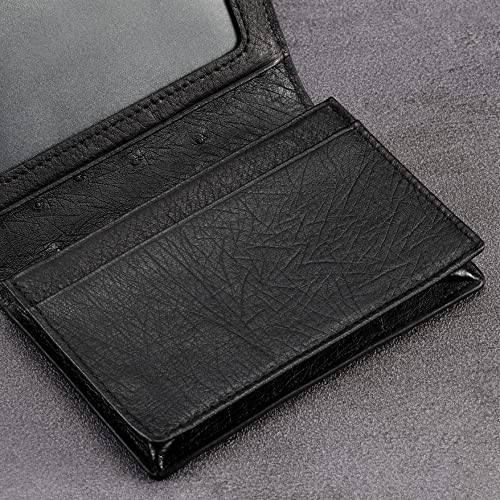 Image of HISCOW Full Grain Leather Business Card Holder Case | Minimalist EDC wallet, gusset holds 25 cards, ID window, fits folded bills, bifold profile, premium gifts for men & women