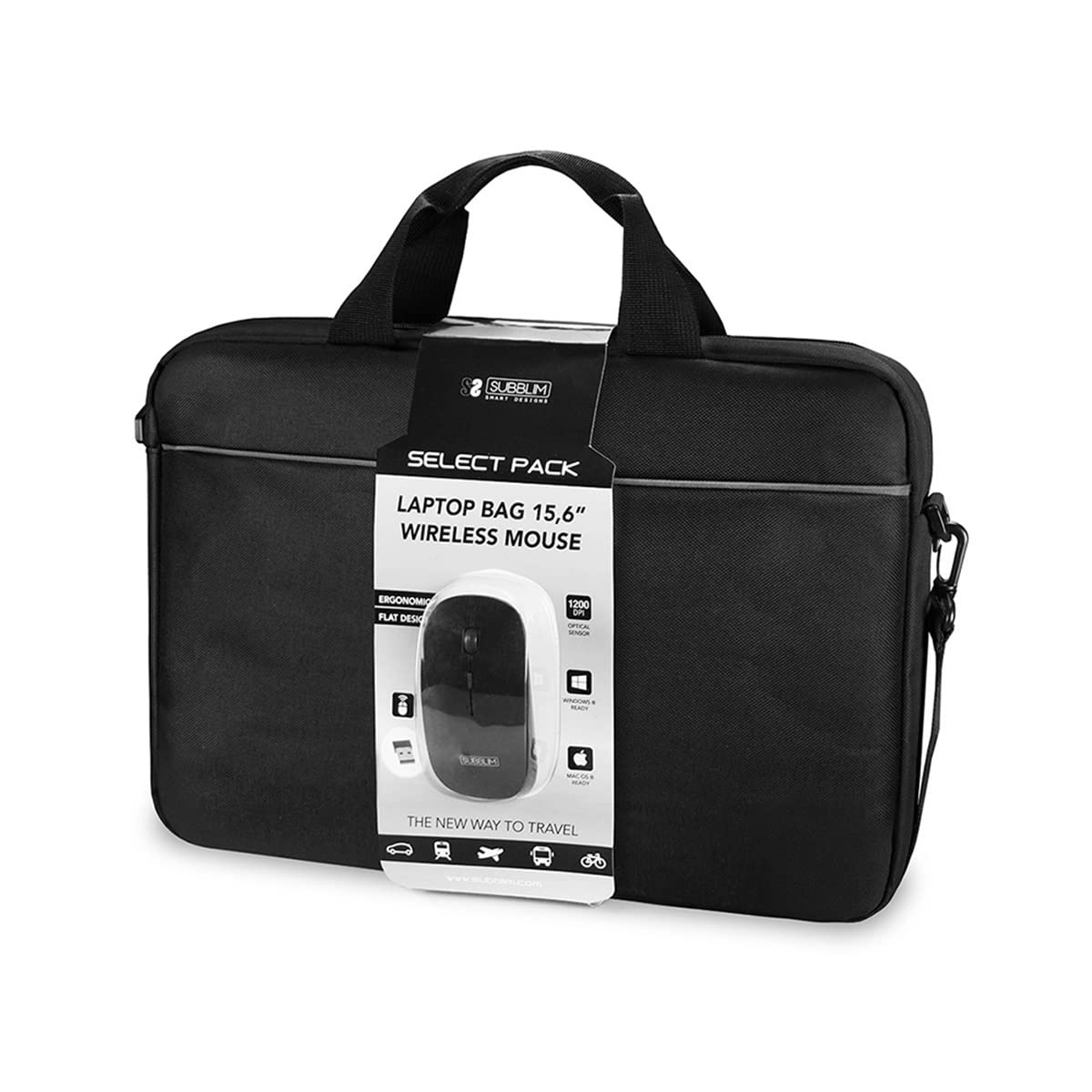 Maletín + Ratón Inalámbrico Subblim Select Pack para Portátiles hasta 15.6"/ Cinta para Trolley/ Negro