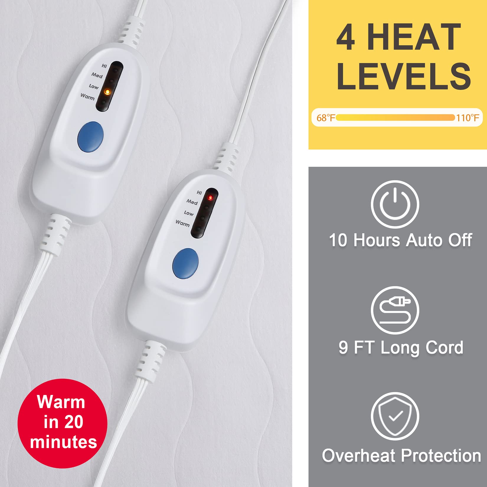 Amazon.com: CAROMIO Heated Mattress Pad King Size 78x80 Inch, 4 Heating  Levels and 10 Hours Auto Off Quilted Mattress Heating Pad Machine Washable  Electric Mattress Pad with Dual Control, White : Home
