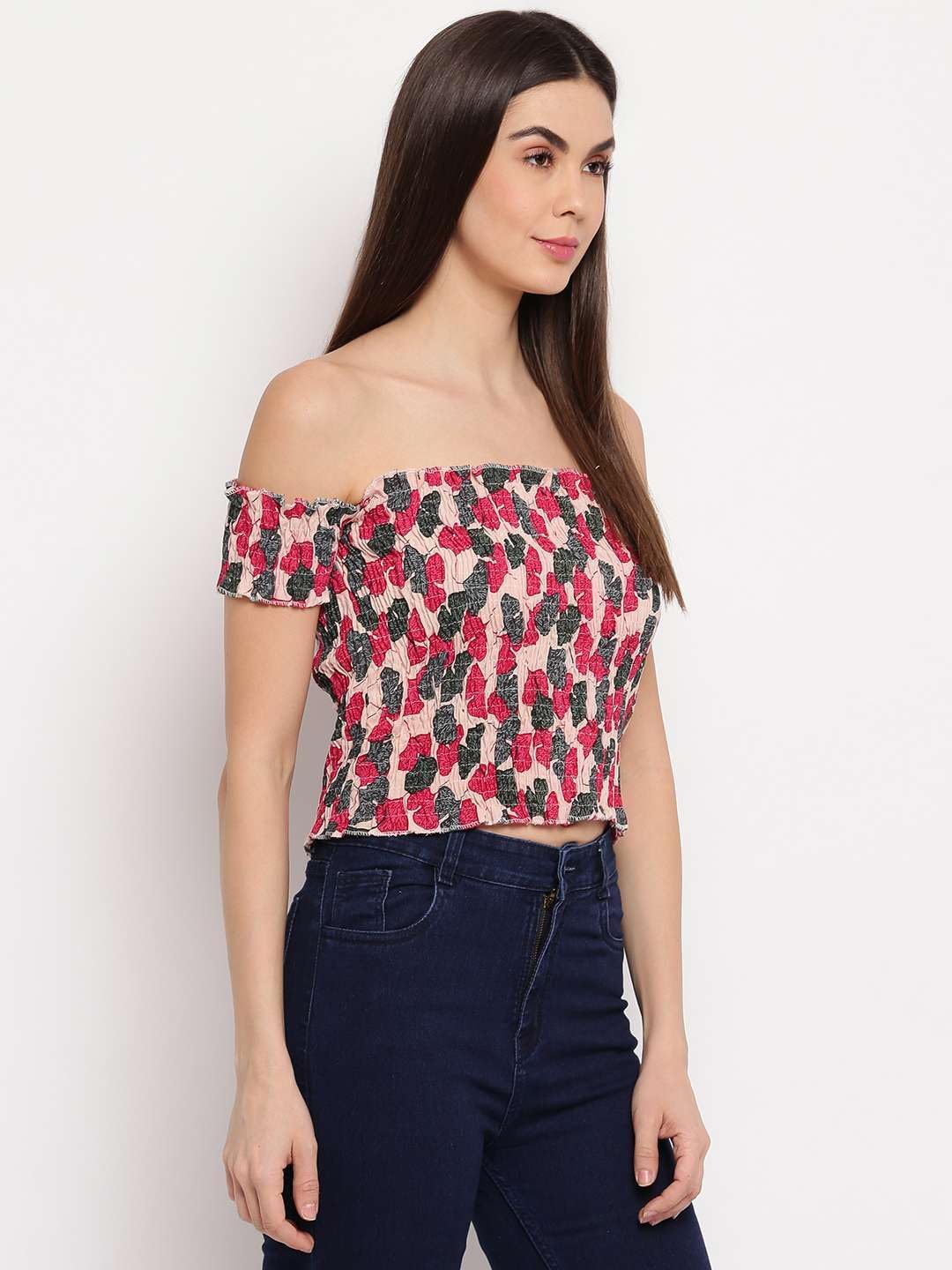 Craftnova Women's Rayon Printed Off-Shoulder Smocked Crop Top Short Sleeve Casual Styles Tank Top (Free Size) Multi35