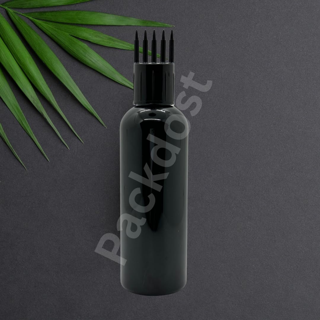 Packdost 100 Ml Empty Hair Root Comb Applicator Oil Shampoo Comb Refillable Cylindrical Black Bottle With Applicator Cap - Set Of 20 - Image 4 thumbnail