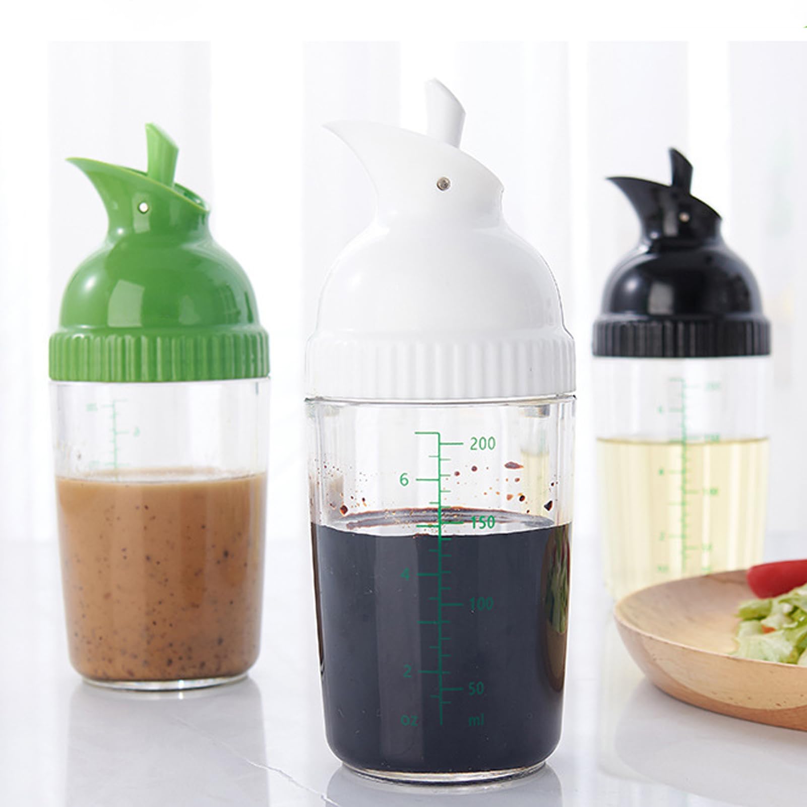 VINGVO 200ml Salad Dressing Container, Condiment Bottles, Salad Dressing Bottles Salad Dressing Shaker BPA Prevent Leakage Salad Dressing Jar with Lid (Green+Black+White)