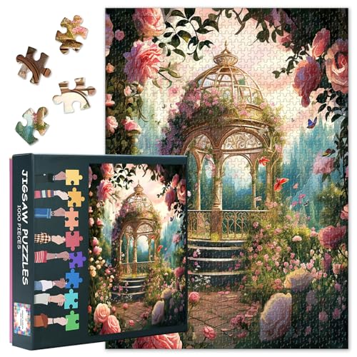 1000 Piece Puzzles for Adults, Beautiful Romantic Gazebo in the Park with Roses Jigsaw Puzzles, Impossible Challenging Jigsaw Puzzles for Adults, 19.5 x 27.5 Inch