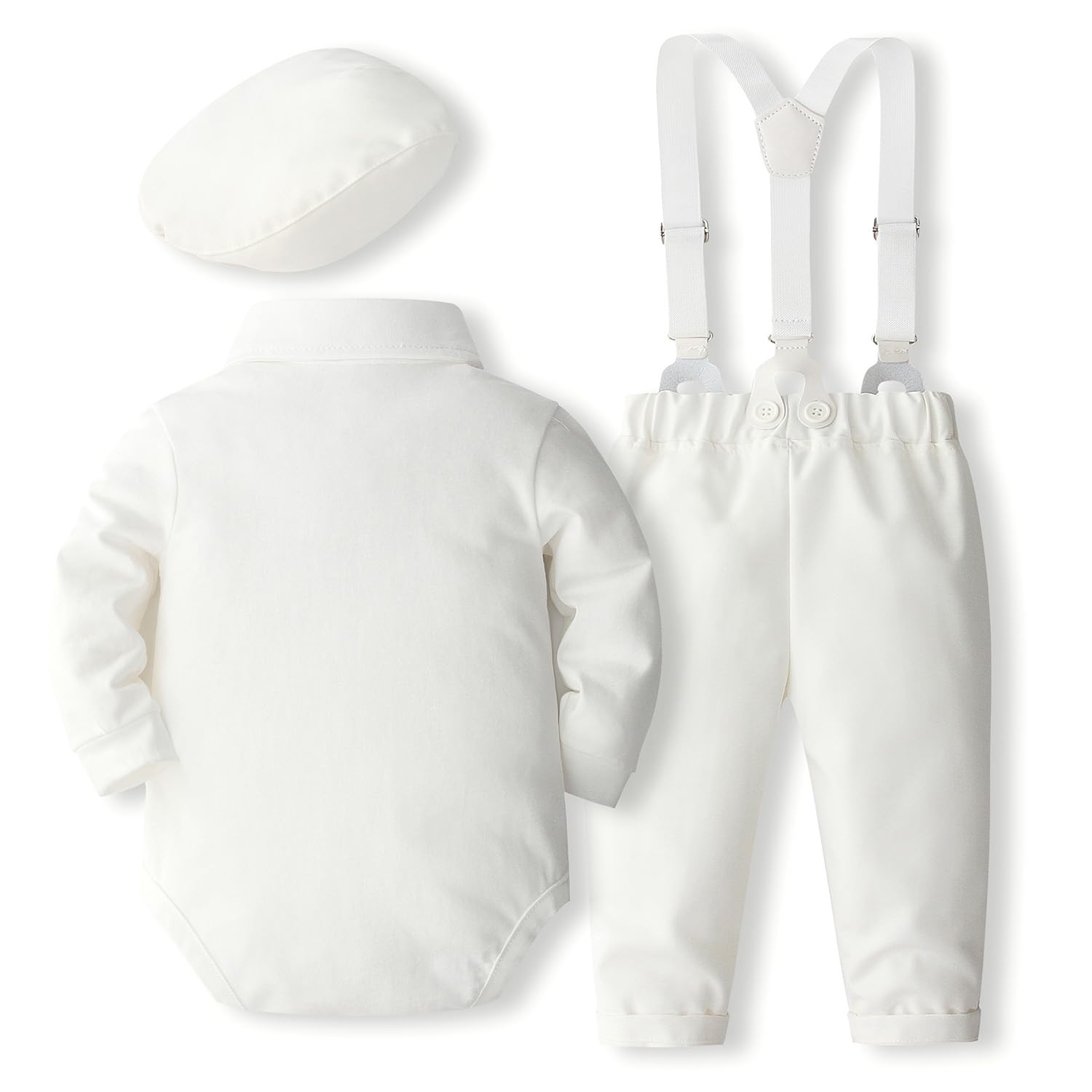 SALNIER Baby Boy Dress Suit Clothes Sets Infant Tuxedo Gentleman Suits Outfits Bowtie Shirt Suspenders Pants Beret Hat 0-24M(Baptism-white,6-12 Months)