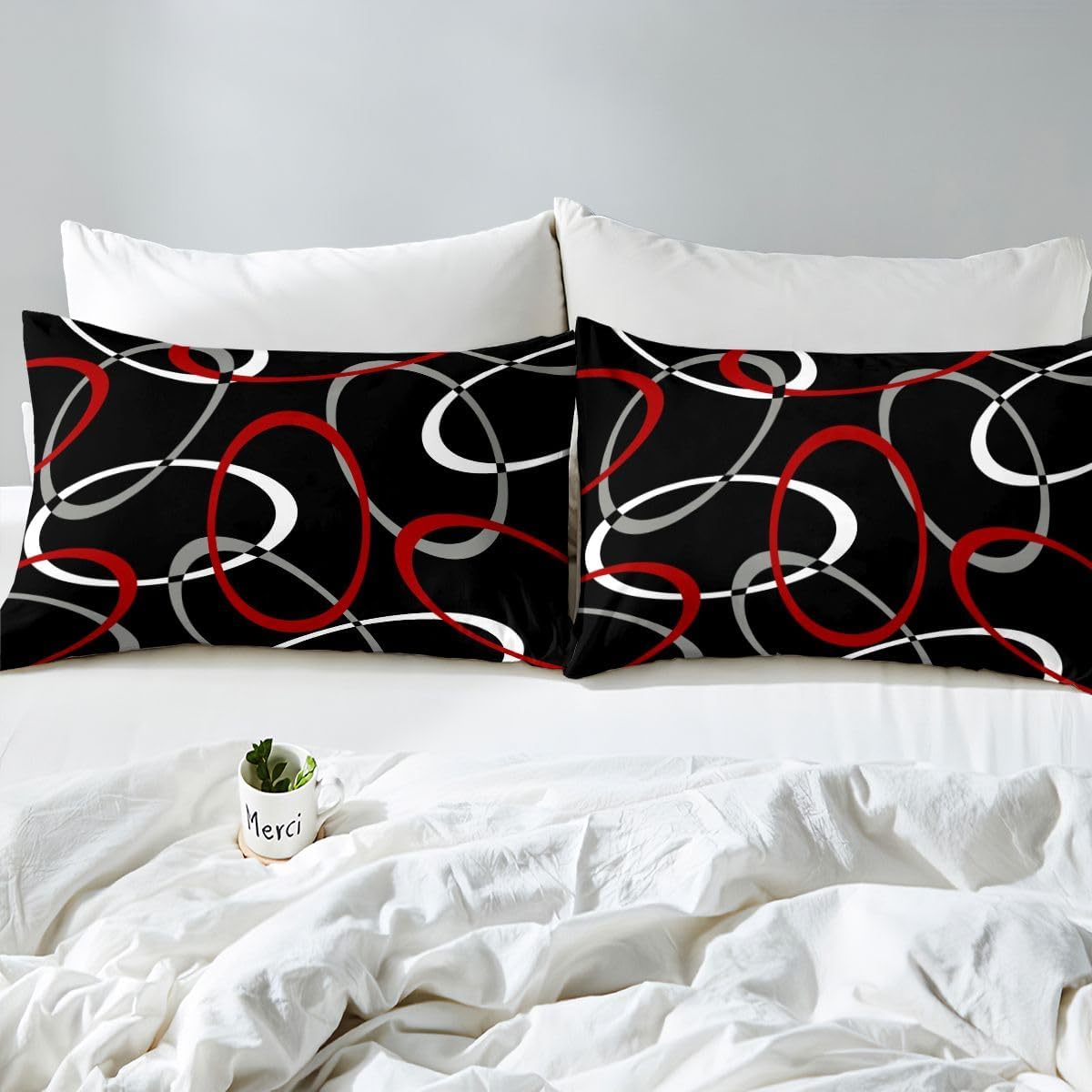 Feelyou Kids Red and Black Bedding Set King Size Abstract Lines Duvet Cover for Boys Girls Teens Bedroom Decor Geometric Comforter Cover Set Modern Art Red Bedspread Cover with 2 Pillow Cases