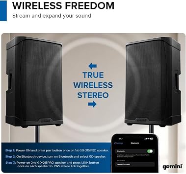Gemini Sound GD-215PRO 1300-Watt Professional PA Speakers with Bluetooth (Pair) Bundle with Auray SS-47S-PB Deluxe Steel Speaker Stands with Tripod Base and Carrying Case and 2X XLR Cable