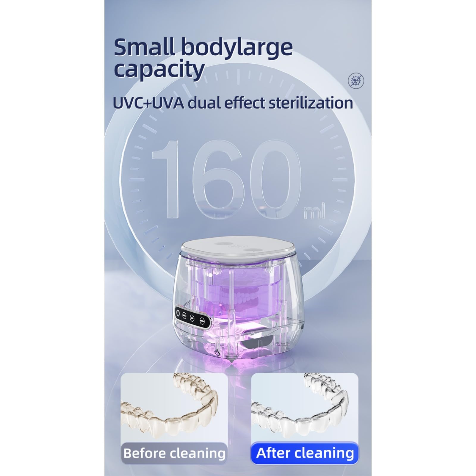 Nettoyeur de prothèses dentaires avec stérilisation UV, nettoyeur ultrasonique portable pour protège-dents, retenue. Alignement, prothèse dentaire et appareils dentaires