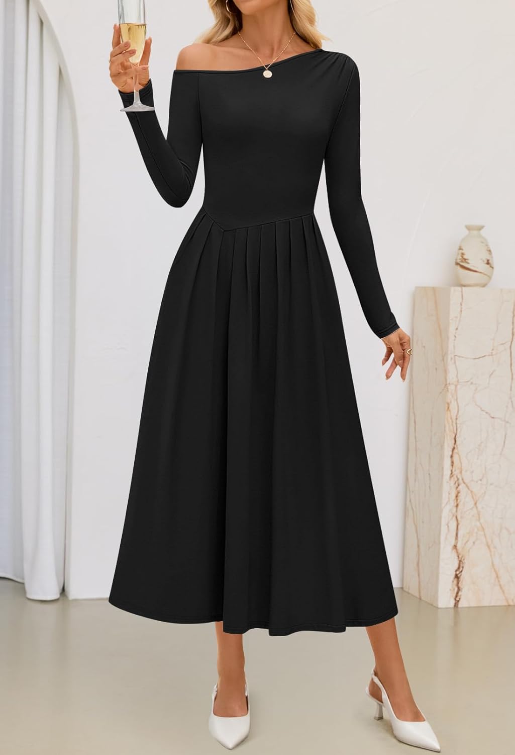MEROKEETY Women's Fall Long Sleeve Wedding Guest Dresses 2025 One Shoulder Elegant Formal Pleated Midi Maxi Dress - Image 7