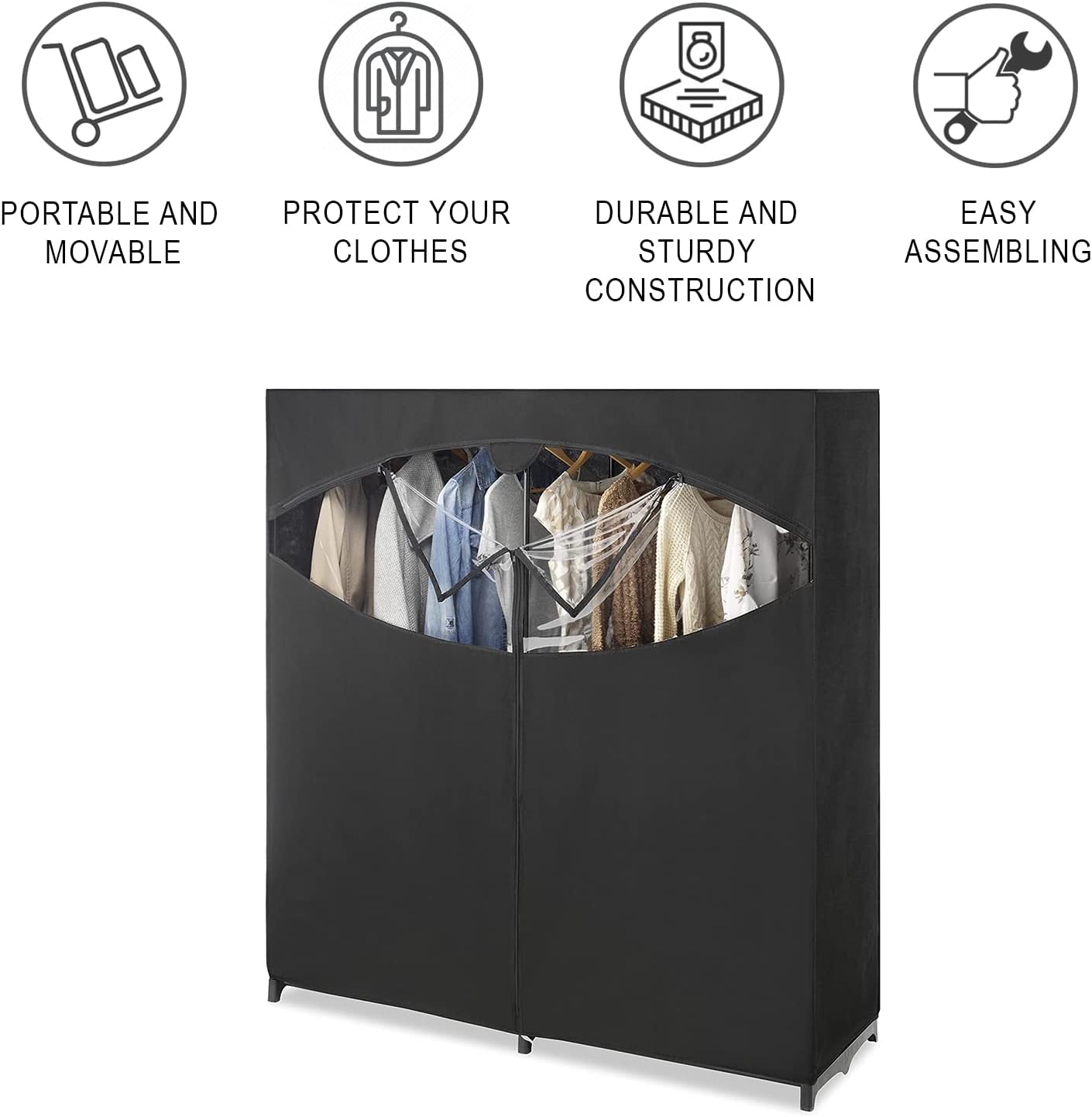 Whitmor Portable Wardrobe Clothes Storage Organizer Closet with Hanging Rack - Extra Wide -Black Color - No-tool Assembly - Extra Strong and Durable - 60"L x 19.5"W x 64"
