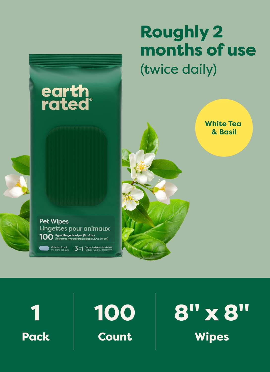 Earth Rated Lot de 200 lingettes désodorisantes pour pattes et fesses – Thé blanc et basilic – Pour chiens