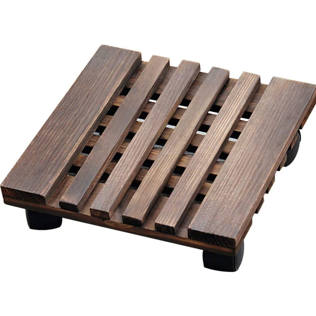 Wood Rolling Plant Stand Caddy For Outdoor Use With Wheels, Square Heavy-Duty Wooden Planter Caddy Trolley Featuring 360° Lockable Casters, Heavy-Duty Flower Pot Roller Base Ideal,Brown-12Inch