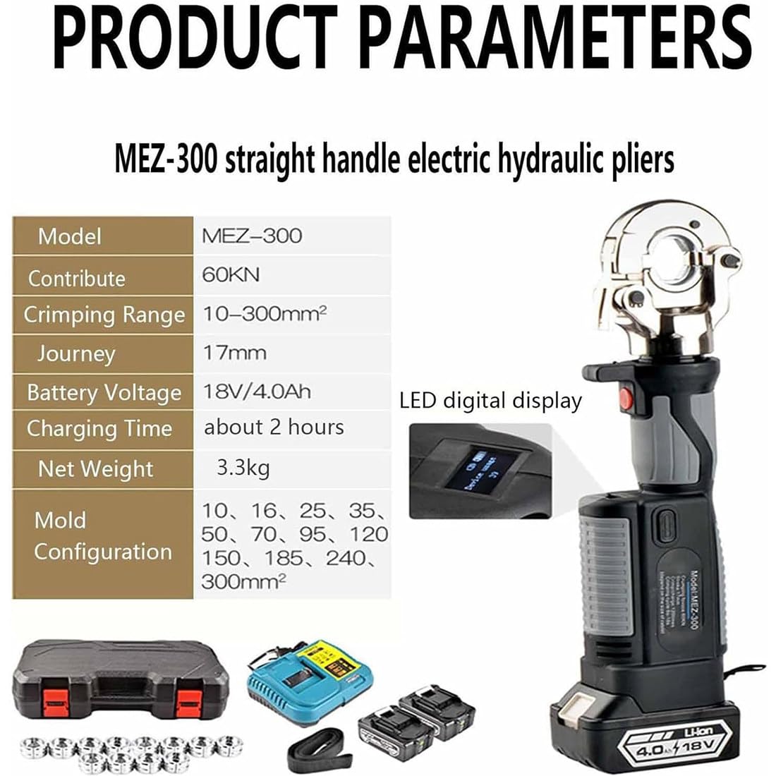 Zaciskarka zasilana bateriami, elektryczna zaciskarka, czujnik ciśnienia, hydrauliczne narzędzie do zaciskania, kabel elektryczny, zestaw narzędzi 360°, złącza przewodów elektrycznych, 12 par matryc