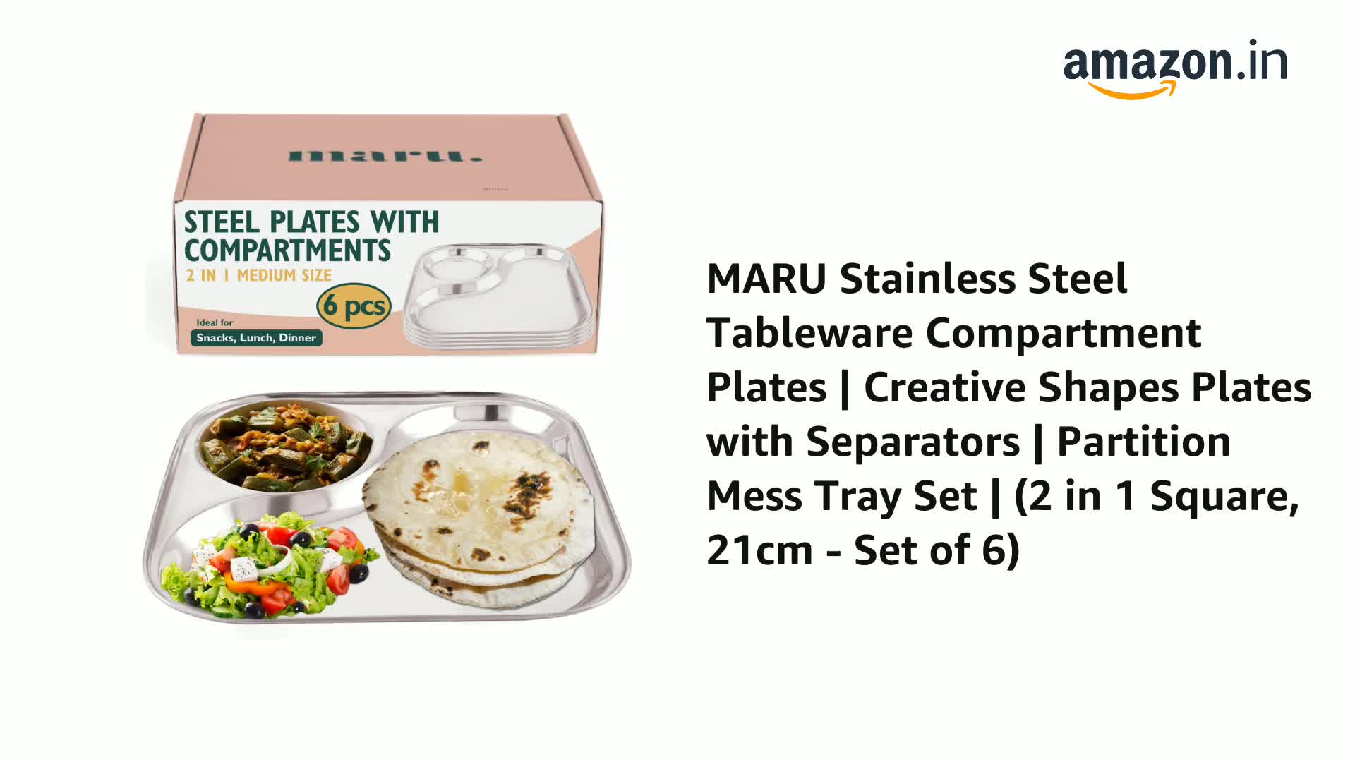 Buy MARU Small Stainless Steel Snacks Plates With Compartments Set Of 6, Durable Thali With 2-in-1 Compartment Section, Ideal For Breakfast, Snacks - View #2