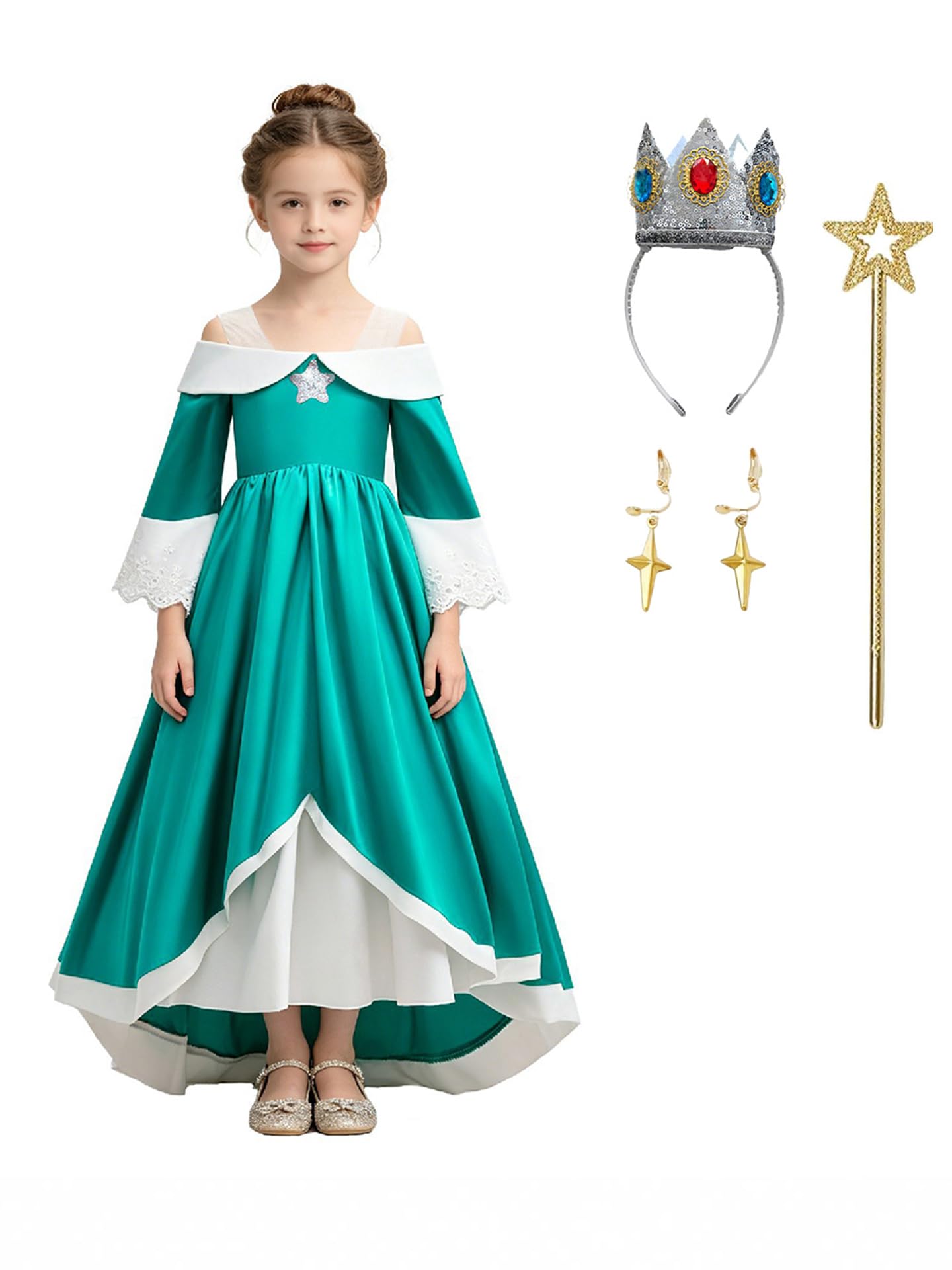 Kids Princess Rosalina Costume Girls Off Shoulder Fancy Dress Outifts 4-12 Years (9-10 Years, Green 2)