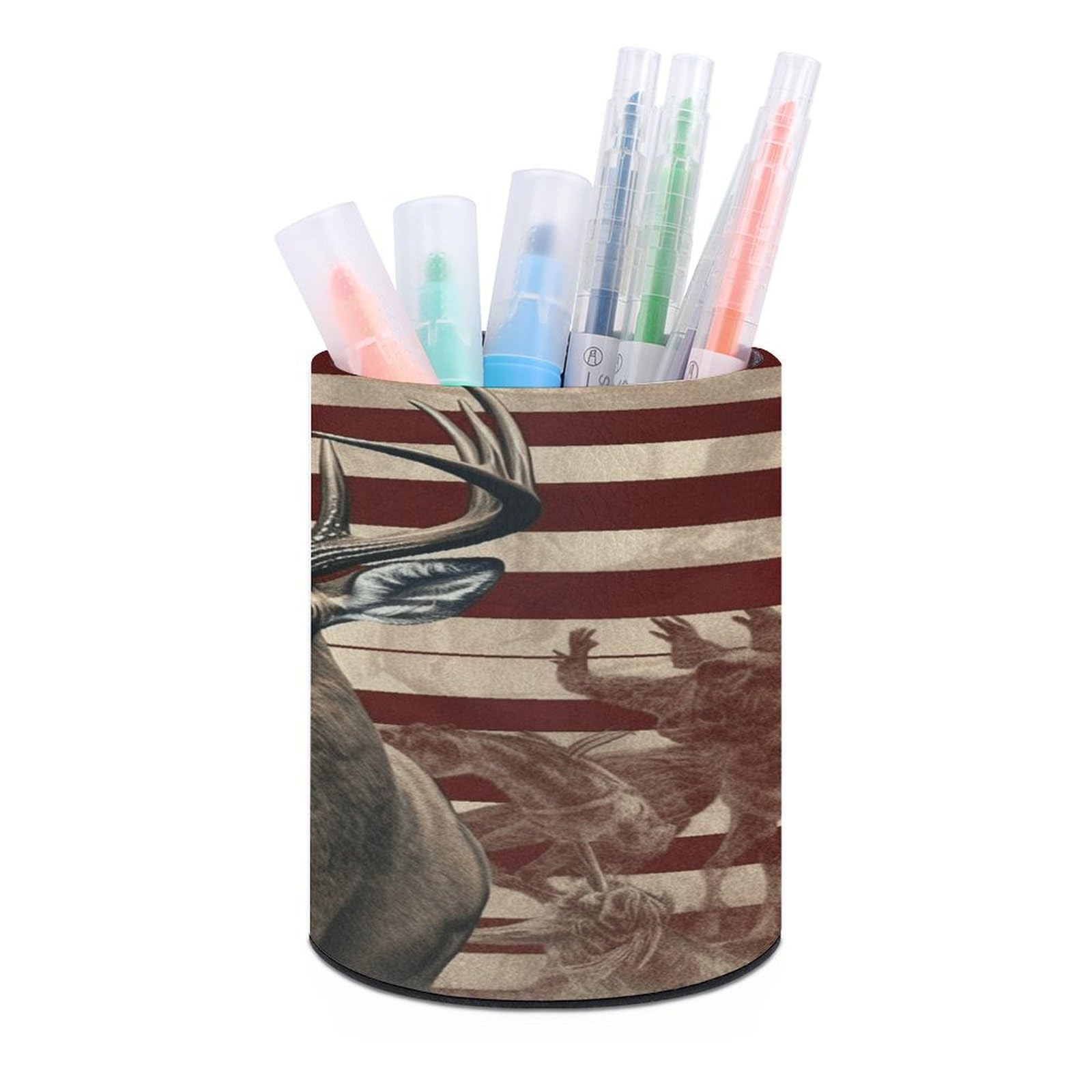 VstaDank Americana Flag Deer Pen Holder for Desk Makeup Brush Holders Stylish Pen Cup Cute Pencil Cup Round Pencil Holder Decor Brush Scissor Holders for Multifunctional Office Supplies