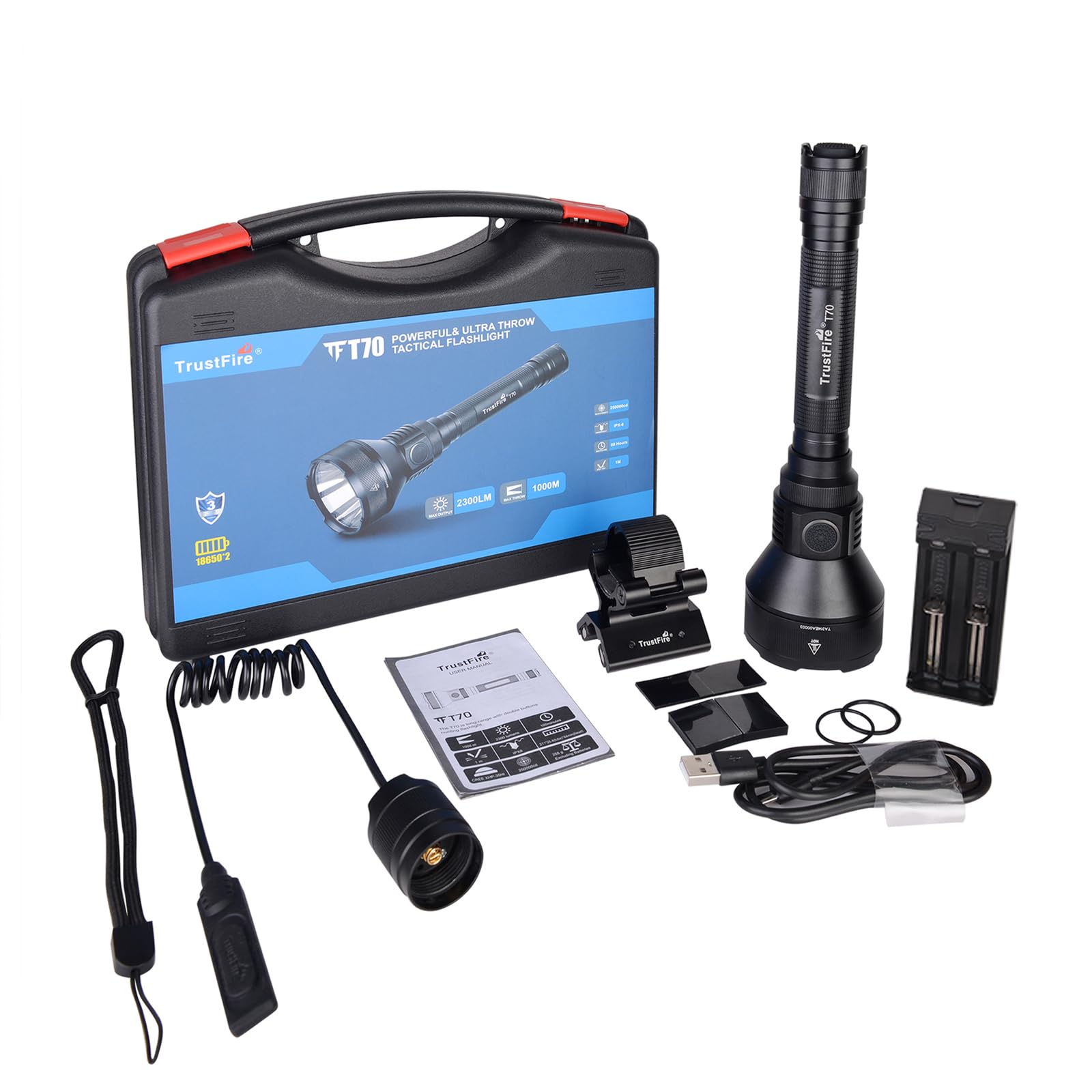 TrustFire T70 Kit Lampe Torche Tactique 2300 Lumens, Lampe de Poche Rechargeable Ultra lumineuse, Lampe Torche Étanche, Portée de 1000 Mètres, Pour Camping Randonnée Urgence Militaire Chasse