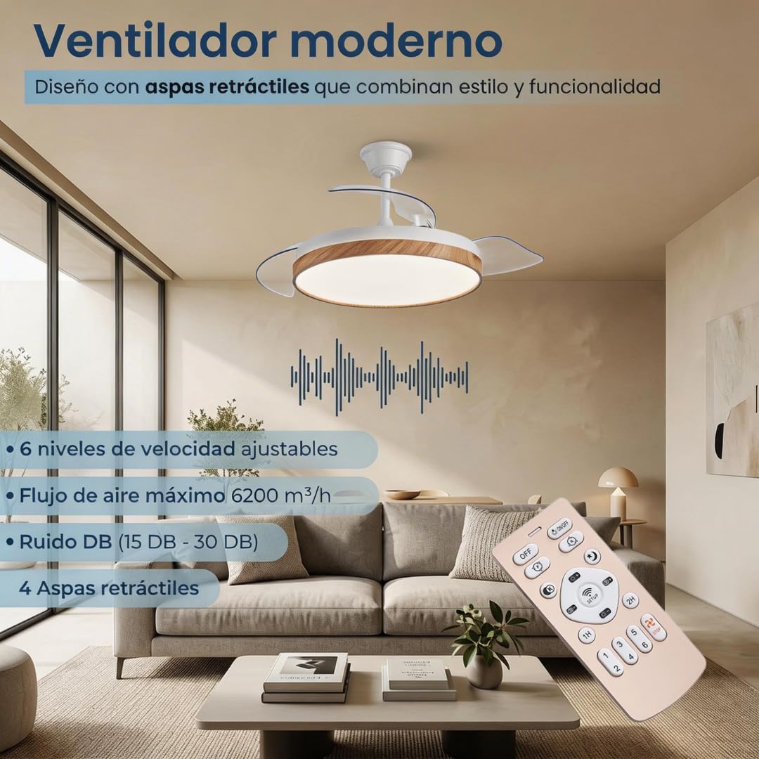 Ventilador de Techo Retractil Madera con Luz LED Silencioso - Ventilador de 108 cm con Tonos de Luz y Función Verano e Invierno con APP - Hasta 25 m2-30 W Motor DC