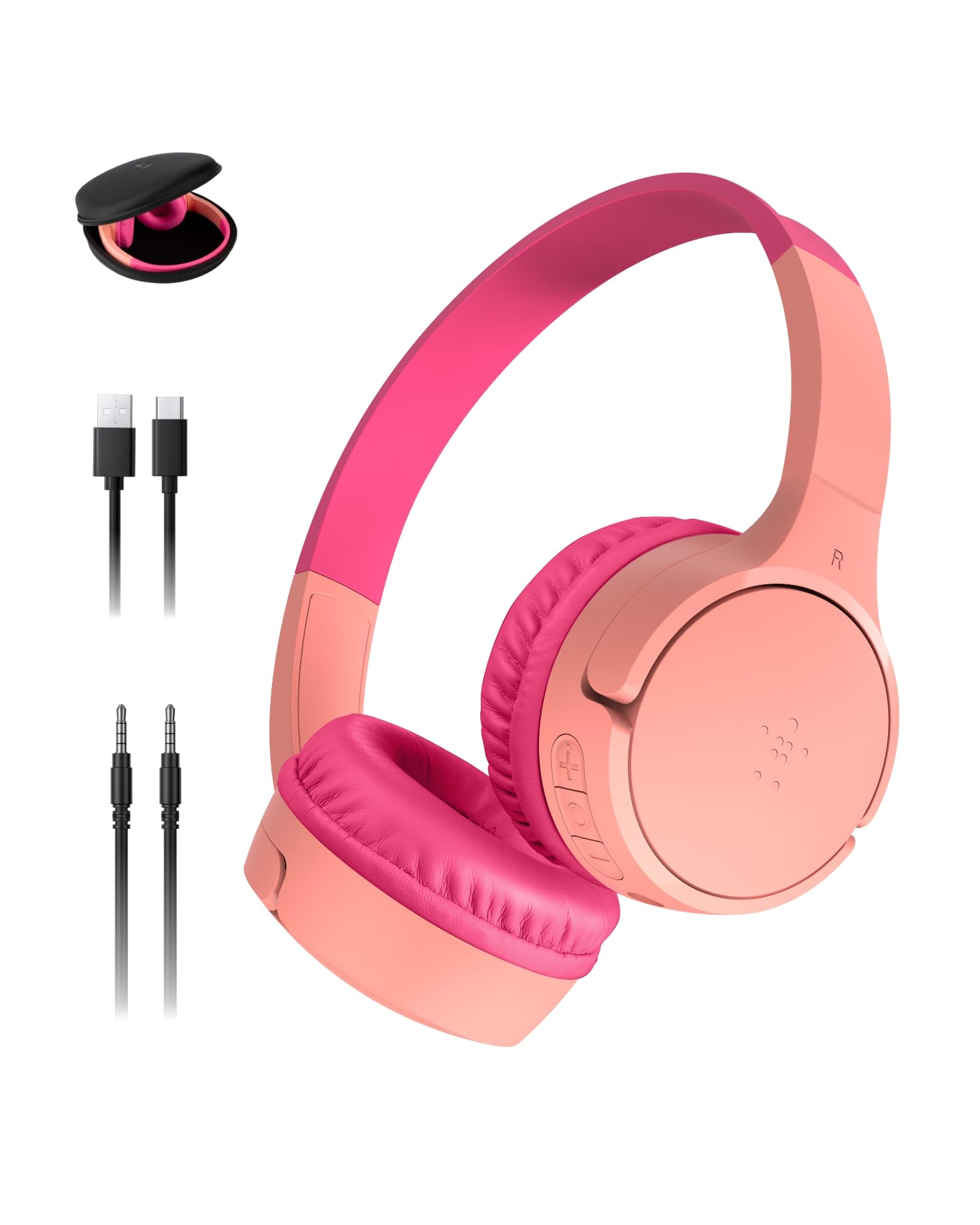 Belkin SoundForm Mini w/Case - Wireless Bluetooth Kids Headphones with 30H Battery Life, 85dB Safe Volume Limit, Built-in Microphone - Kids On-Ear Earphones for iPhone, iPad, & More - Pink