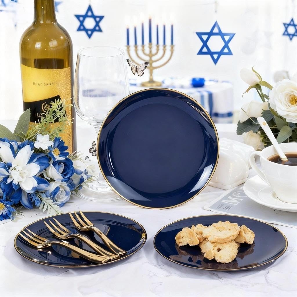Festiva 200Pcs Navy Blue Gold Dessert Plates 6.3" with Plastic Forks 5"- Small Disposable Plates- Dessert/Cake/Appetizer Plastic Plates include 100Plates 100Forks for Christmas Party & Hanukkah - Image 5