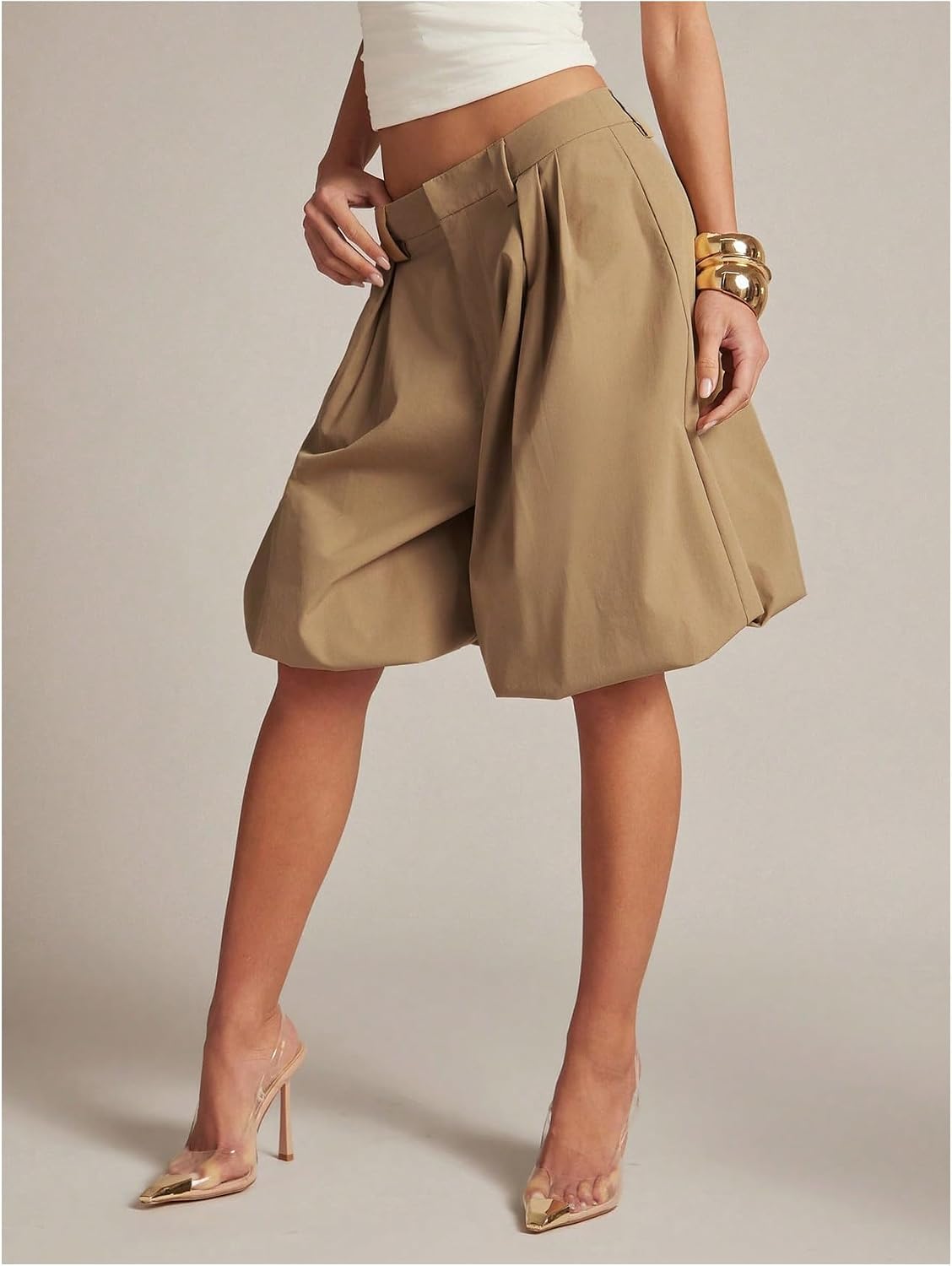 MakeMeChic Women's Wide Leg Bermuda Shorts Low Rise Dressy Bubble Shorts