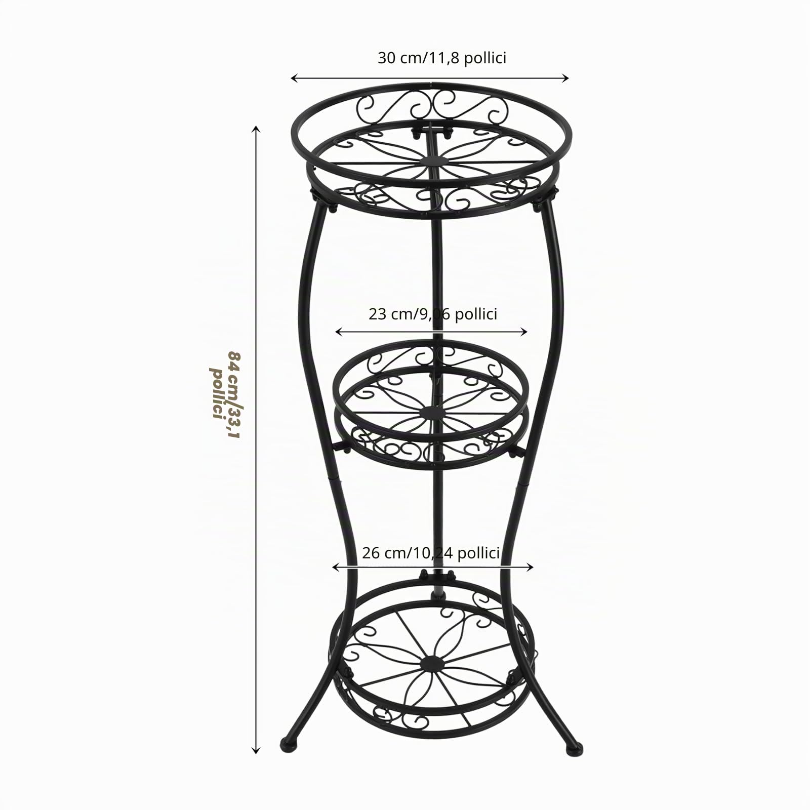 Supporto per piante in metallo con 3 livelli, 84 cm, per interni ed esterni, per terrazza, giardino, balcone, colore nero
