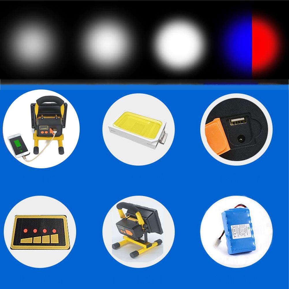 Faretto LED Ricaricabile, Faro LED Portatile, 100W 56 LED 8000 lumen, Proiettore da Cantiere LED con telecomando, Lamp da Lavoro Carica i dispositivi mobili tramite la porta USB, Lavoro continuo,9/20h
