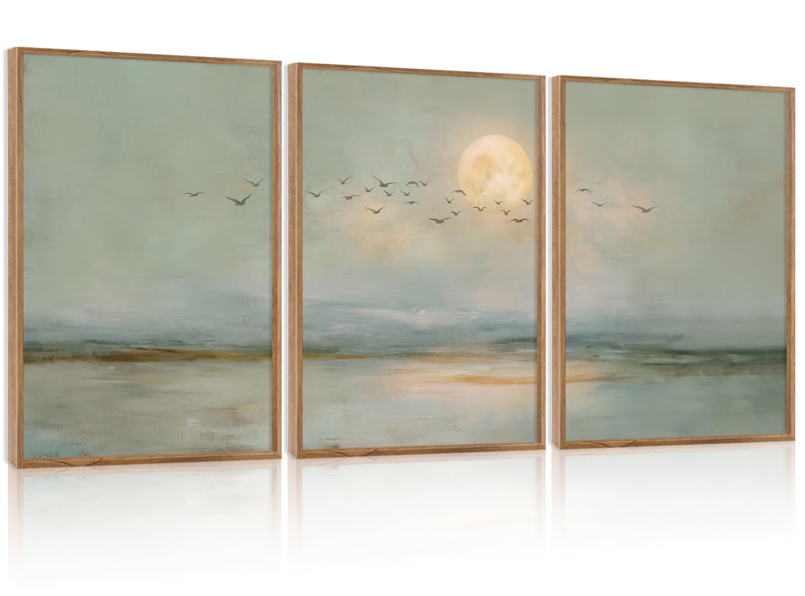 ANHUIB Set of 3 Framed Canvas Wall Art Moon Bird Picture Framed Minimalist Wall Art Set Prints Neutral Landscape Picture Abstract Prints for Living Room Bedroom Hallway Home Office Decoration 30×40cm