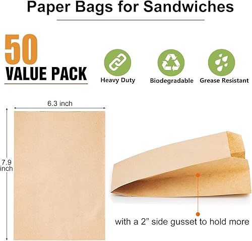 Miniatura 2 de Bolsas de papel para sándwich con calcomanías, paquete de 50, bolsas de almacenamiento de alimentos de 7.9 x 6.3 x 1.96 pulgadas, a prueba de grasa,