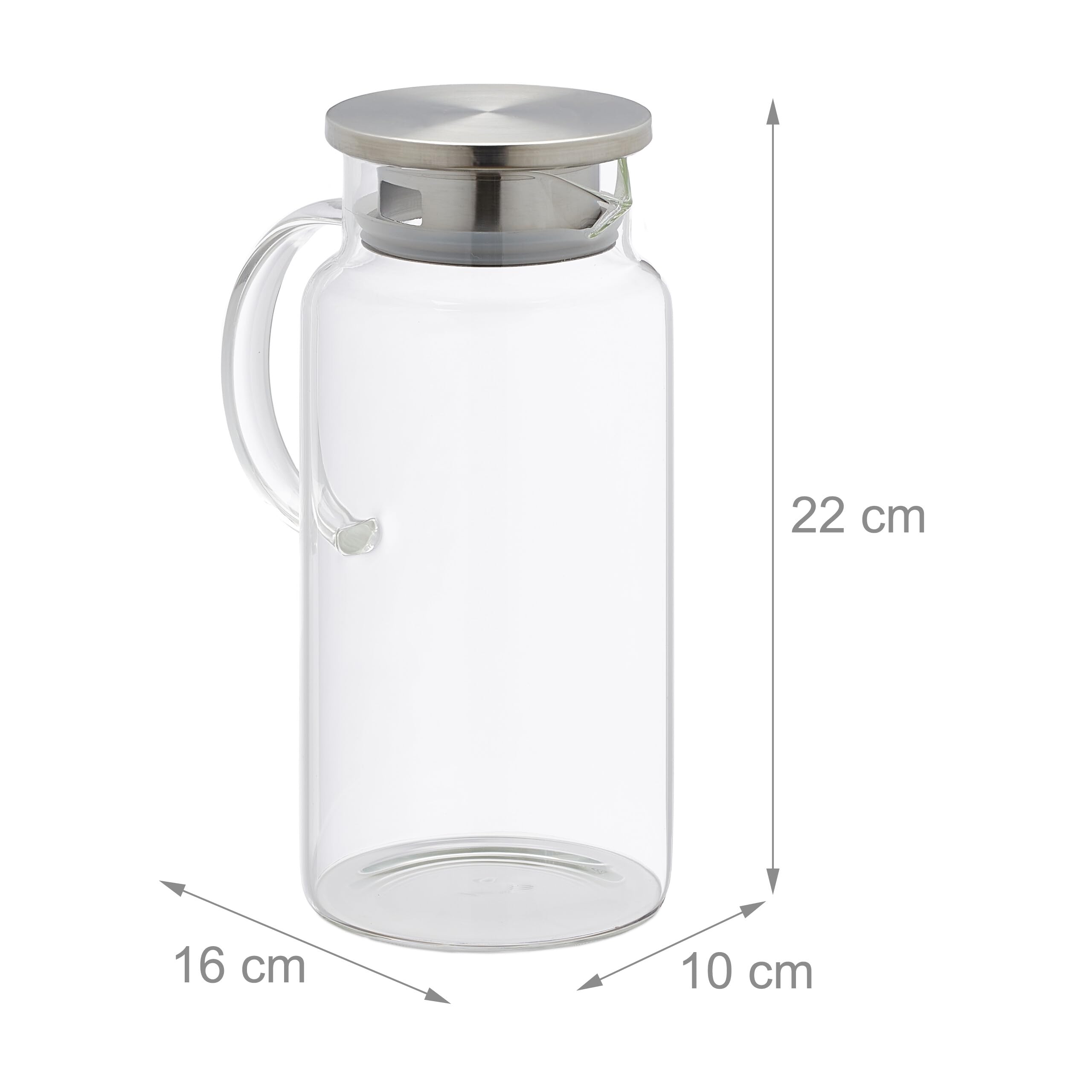 Relaxdays Jarra Cristal, 1,3 L, con Tapa, Agua, Zumo, Té Frío, Apta Lavavajillas, Garrafa Vidrio, Transparente/Plateado, Acero Inoxidable