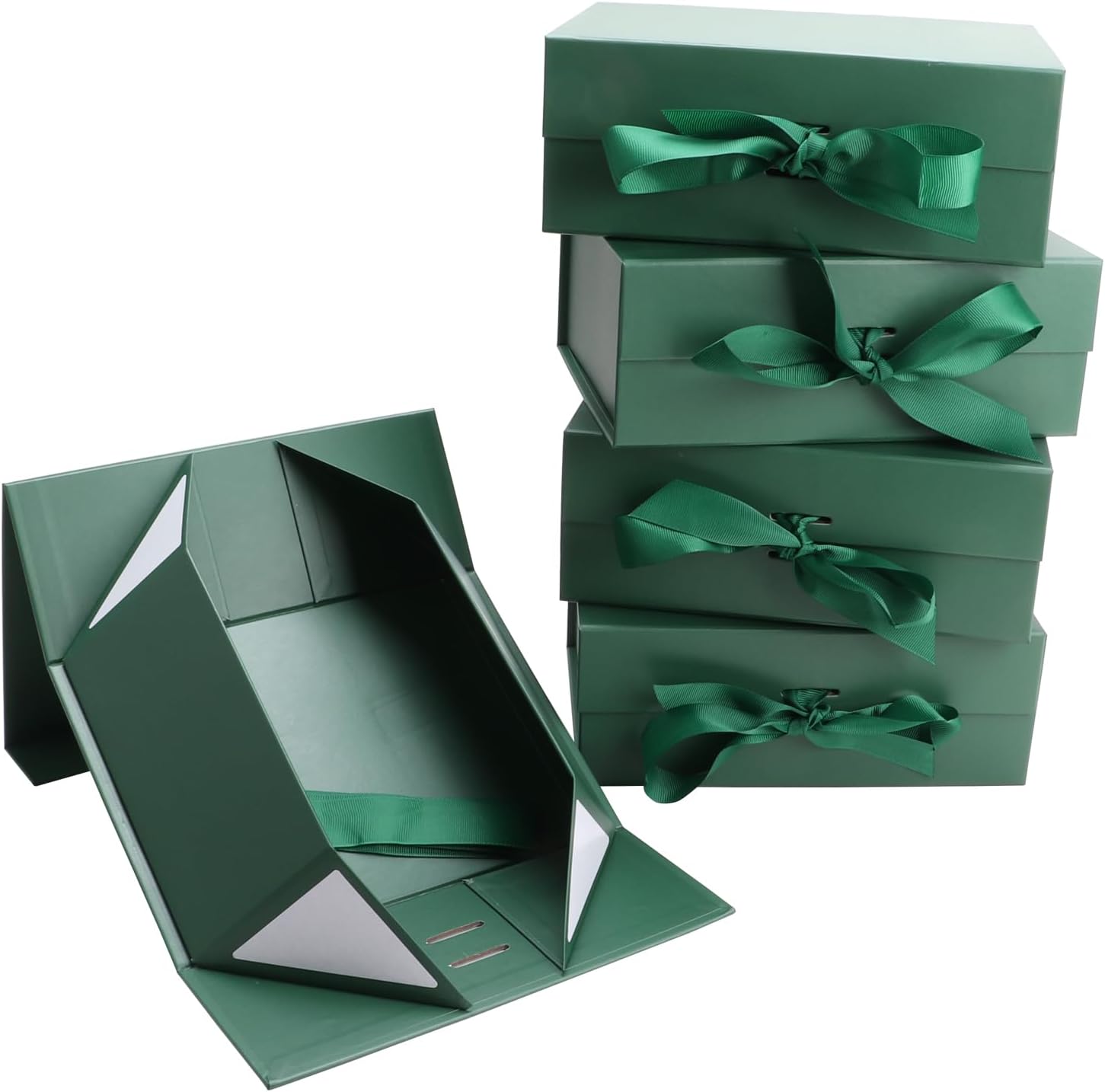 MEIANJU Dark Green Gift Boxes 8.7*W6.5*H3.5inch with Ribbon Foldable Gift Boxes Set of 5 Glossy Finish Magnetic for Luxury Presentations and Groomsmen Proposal