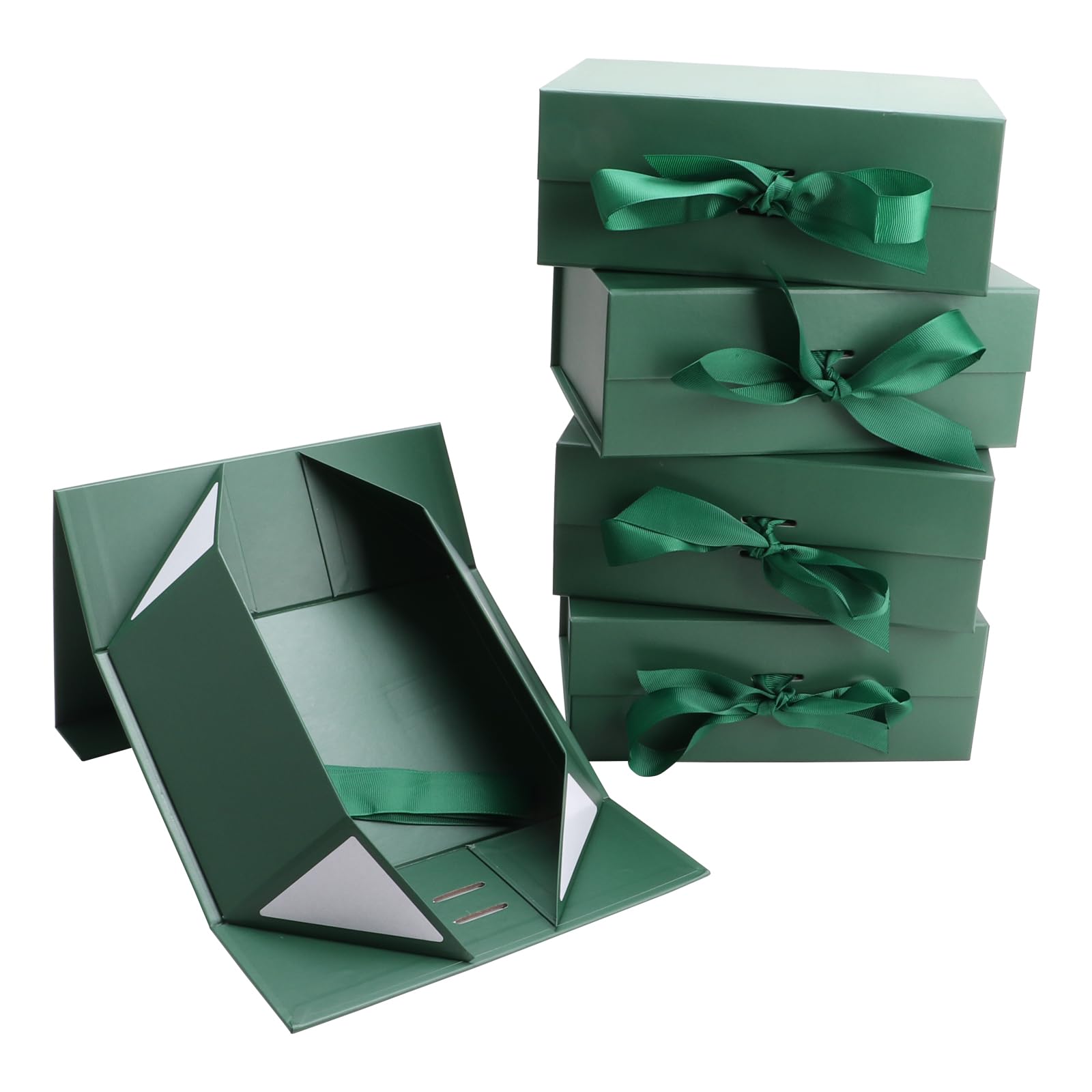 MEIANJU Dark Green Gift Boxes 8.7*W6.5*H3.5inch with Ribbon Foldable Gift Boxes Set of 5 Glossy Finish Magnetic Gift Boxes for Luxury Presentations and Groomsmen Proposal